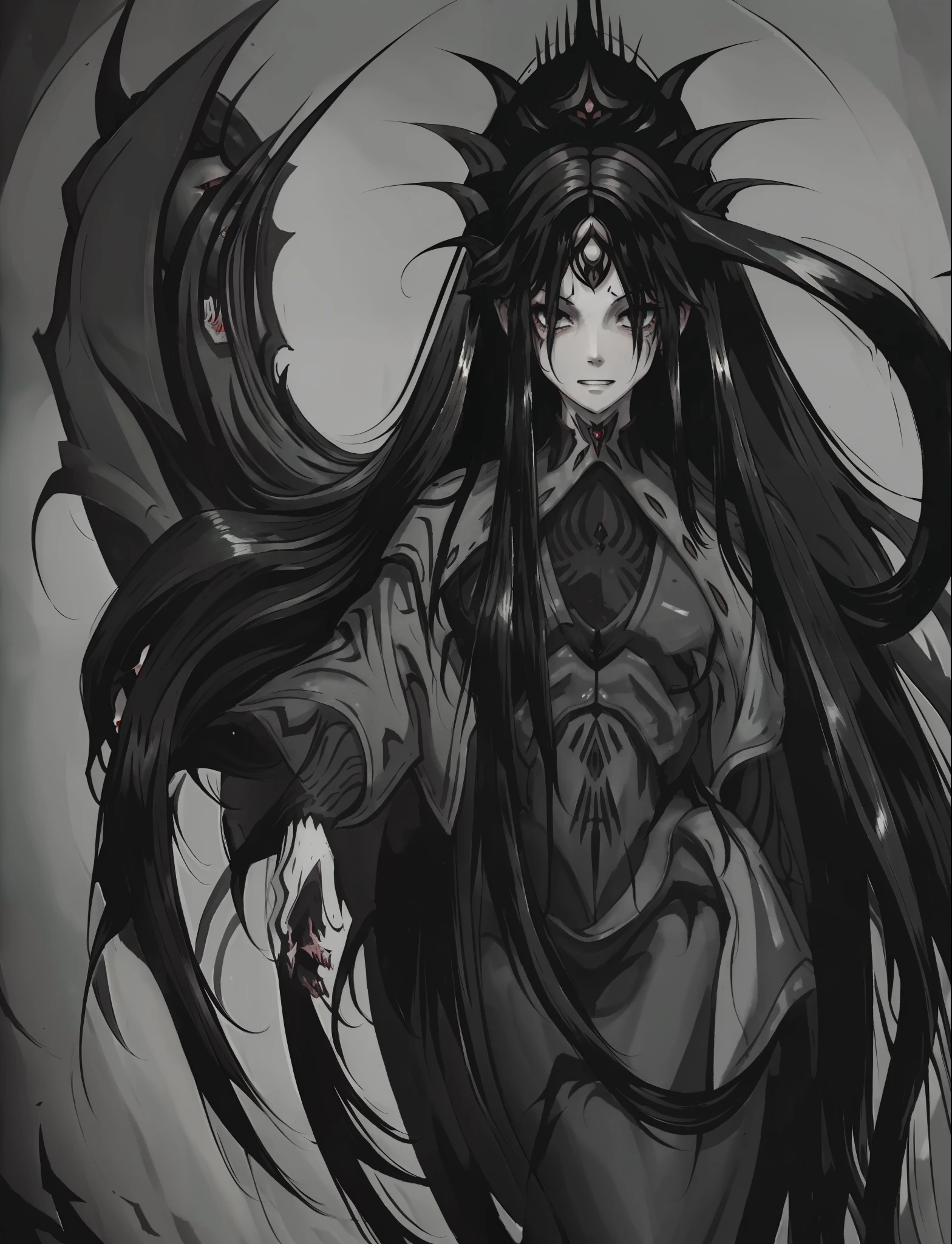 (masterpiece, best quality:1.2),bloody, beautiful face,(Gray\green skin),mermaid, highly detailed, {best quality}, {{depth of field}}, illustration, solo, sharp focus, {{character {1 boy }}, (black straight hair:1.6),(hair is straight and loose), beautiful detailed eyes, sharp teeth, {looking at viewer},{masterpiece illustration},full body, normal angle,horror art, creepy, beautiful form of chaos, elegant, dull colors, romanticism,an evil mermaid siren, maniacal smile, atmospheric, death, decay, horror art, blood,