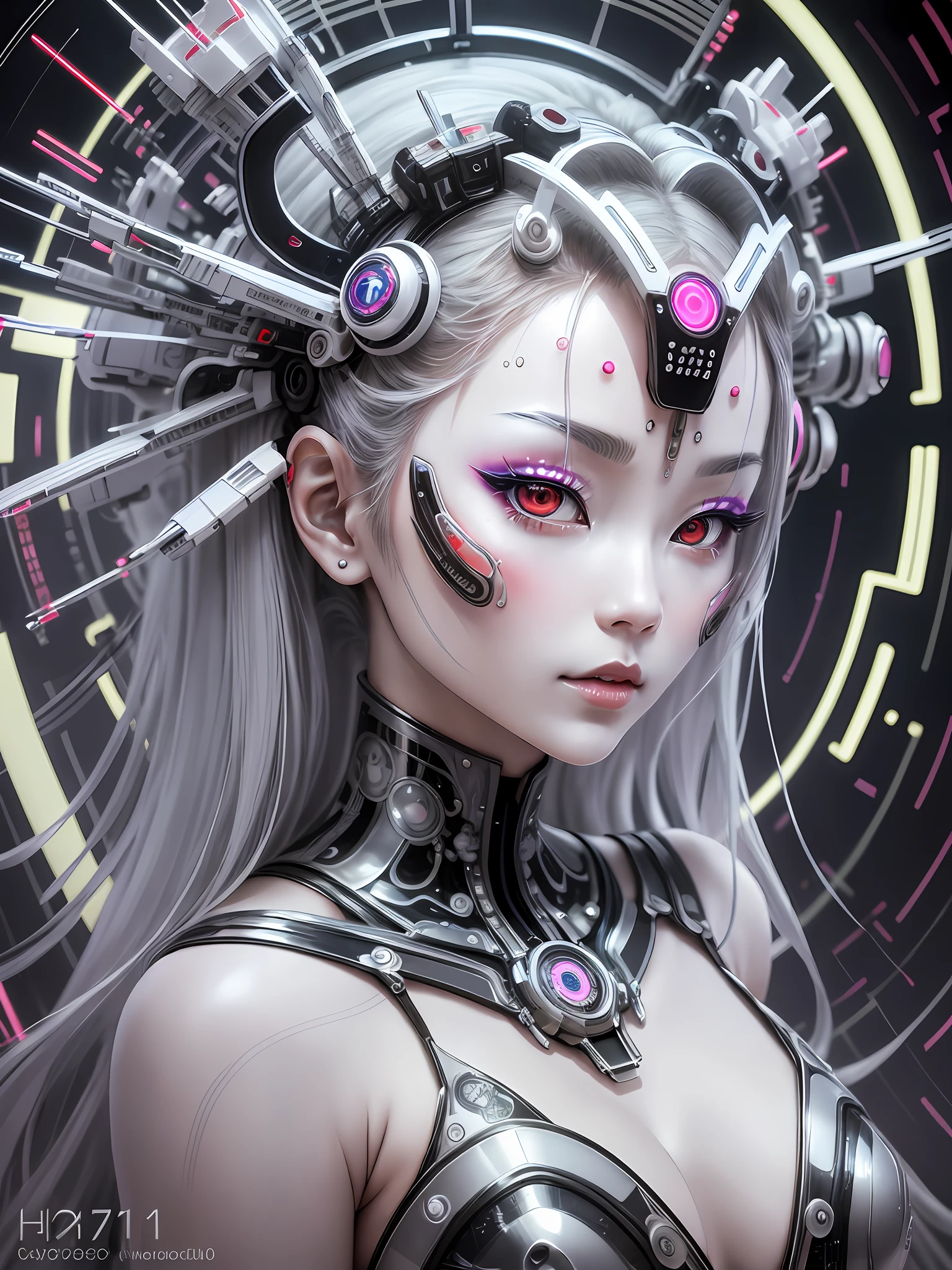 A photograph of Japanese female android made of transparent glass, white and silver plastic, geisha makeup and hairstyle, silver metal internal mechanisms, dynamic pose, flowing organic construction, detailed designs, glowing colorful circuitry, colorful neon trim, art by H.R. Giger, Greg Rutowski