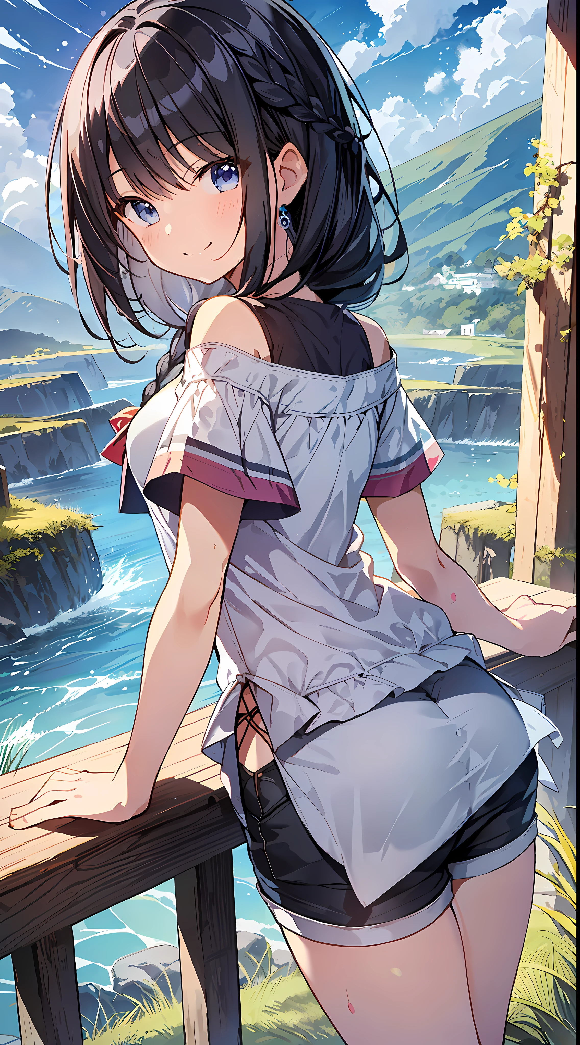 Top Quality, Masterpiece, Ultra High Definition, 8K, Summer Sky, Early Summer, ((Short Sleeve Cutter Shirt, Shorts)), Shojo Manga Style Loli, One, Soft Line Art, Digital Enhancement, Shojo Manga Touch, Shojo Manga Core, Flowing Fabric, Close Up, (Shoulder Length and Short Braid)), Wet Hair, Staring at us from the front, Soft Drawing, Beautiful Black Hair, Clear eyes, ((teasing smile)), ultra-detailed digital anime art, clear face depiction, ultra-detailed shoujo manga character art, ultra-detailed manga style, top quality colors, hand gestures, angle to see up to your feet, landscape with nature, looking up at the sky