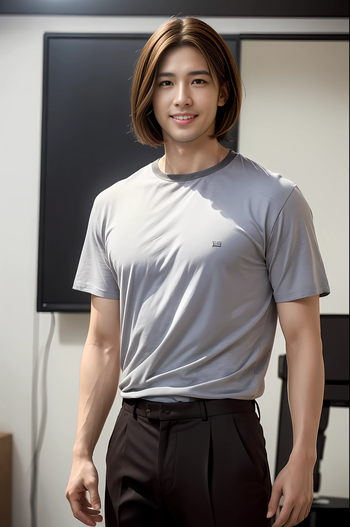 ((Realistic lighting, Best quality, 8K, Masterpiece: 1.3)), Clear focus: 1.2, 1man, Front lens, Perfect figure beauty: 1.4, ((dark brown hair, back flip hair)), ( silver shirt and fit trousers: 1.4), (In the live room: 1.8), Super fine face, fine eyes, smile, handsome man, short hair,