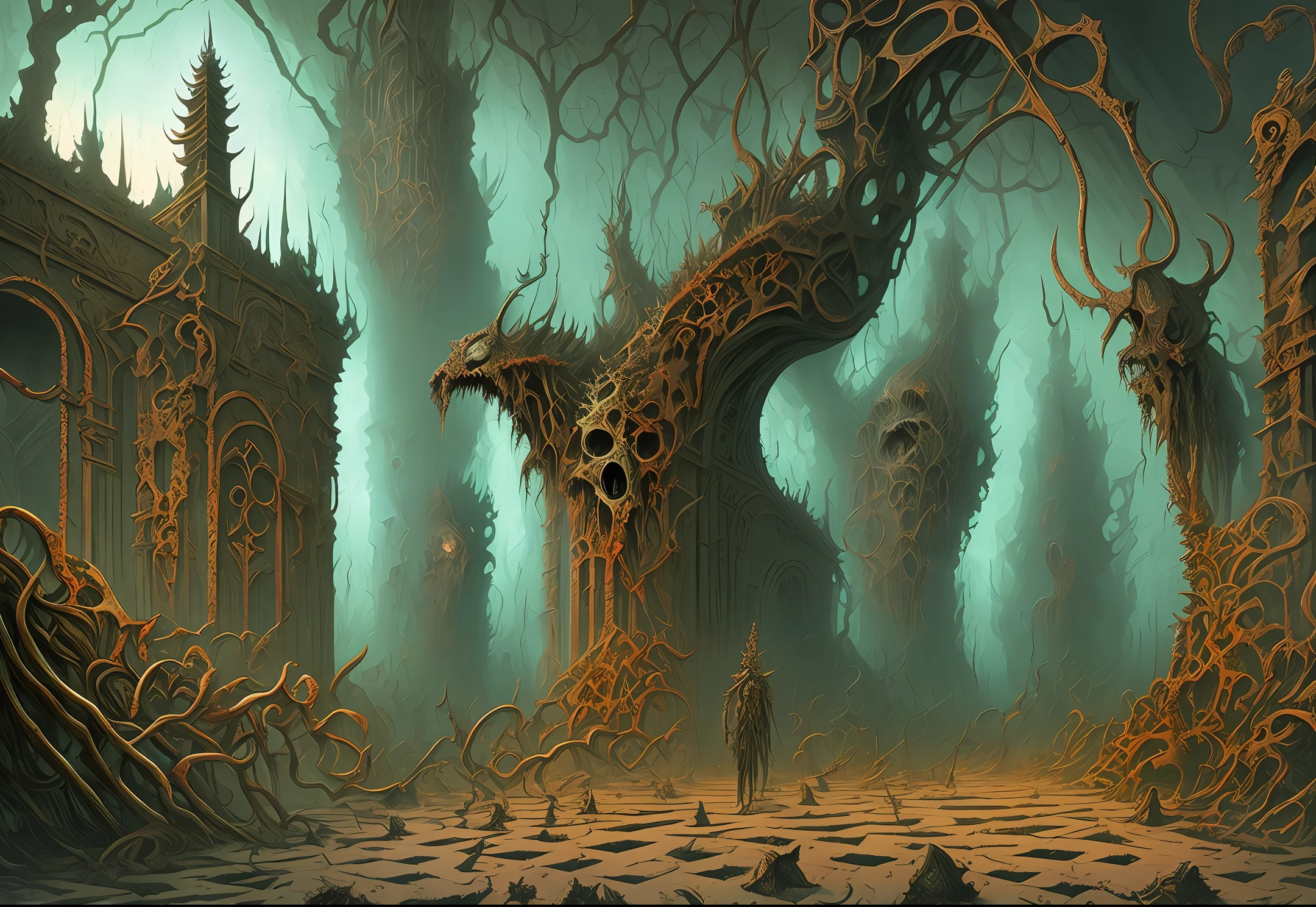 Maze of madness, passage with rotten ends, spiked walls, mutant creatures with suffering, biomechanical dilacerations. Horror art, surrealism, hyperdetailed, color drawing, illustration by Dan Seagrave. --auto --s2