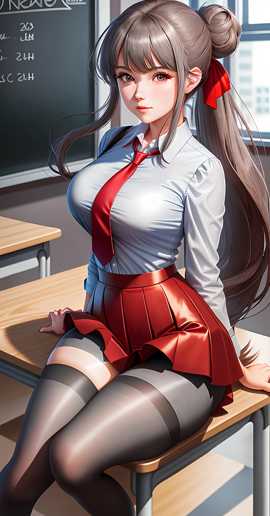 16k, Hyperrealistic, masterpiece, high detail, best quality, beautiful woman, gray school girl outfit with red tie, anime style, long brown hair styled with a high bun and low ponytail on each side of the head, ((red tights)), full body, forward facing, short (gray) skirt, large boobs, college girl, sitting on teachers desk in front of chalkboard, legs spread apart from each other, loose tie, unbuttoned shirt, heels, sexy, flirtatious,  facing camera, lifting up skirt revealing blank panties