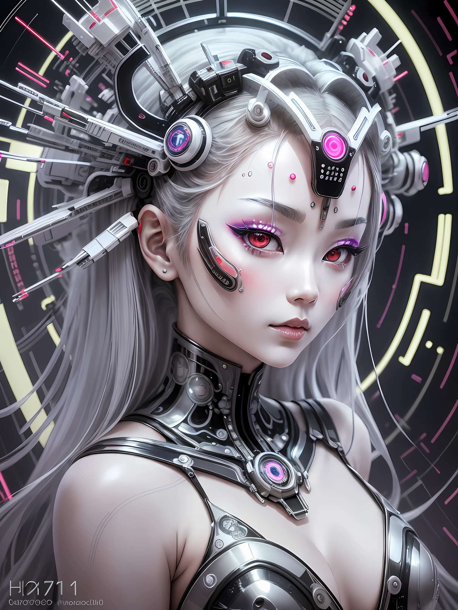A photograph of Japanese female android made of transparent glass, white and silver plastic, geisha makeup and hairstyle, silver metal internal mechanisms, dynamic pose, flowing organic construction, detailed designs, glowing colorful circuitry, colorful neon trim, art by H.R. Giger, Greg Rutowski