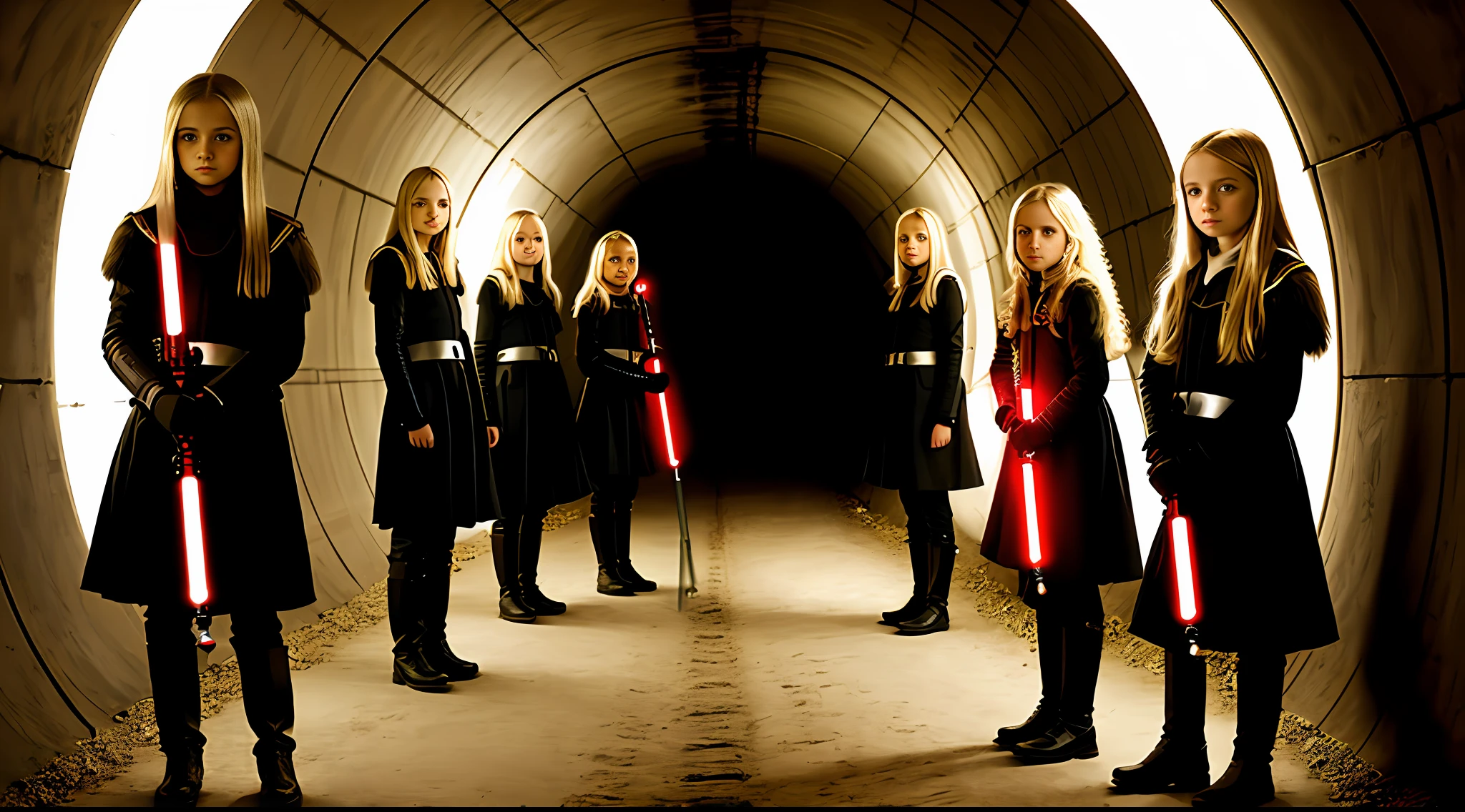 4 GIRLS Russian children with 20 years WITH LONG STRAIGHT BLONDE HAIR, PORTRAIT STYLE, standing in a tunnel with a red lightsaber, 4K lightsaber wallpaper, digital art
