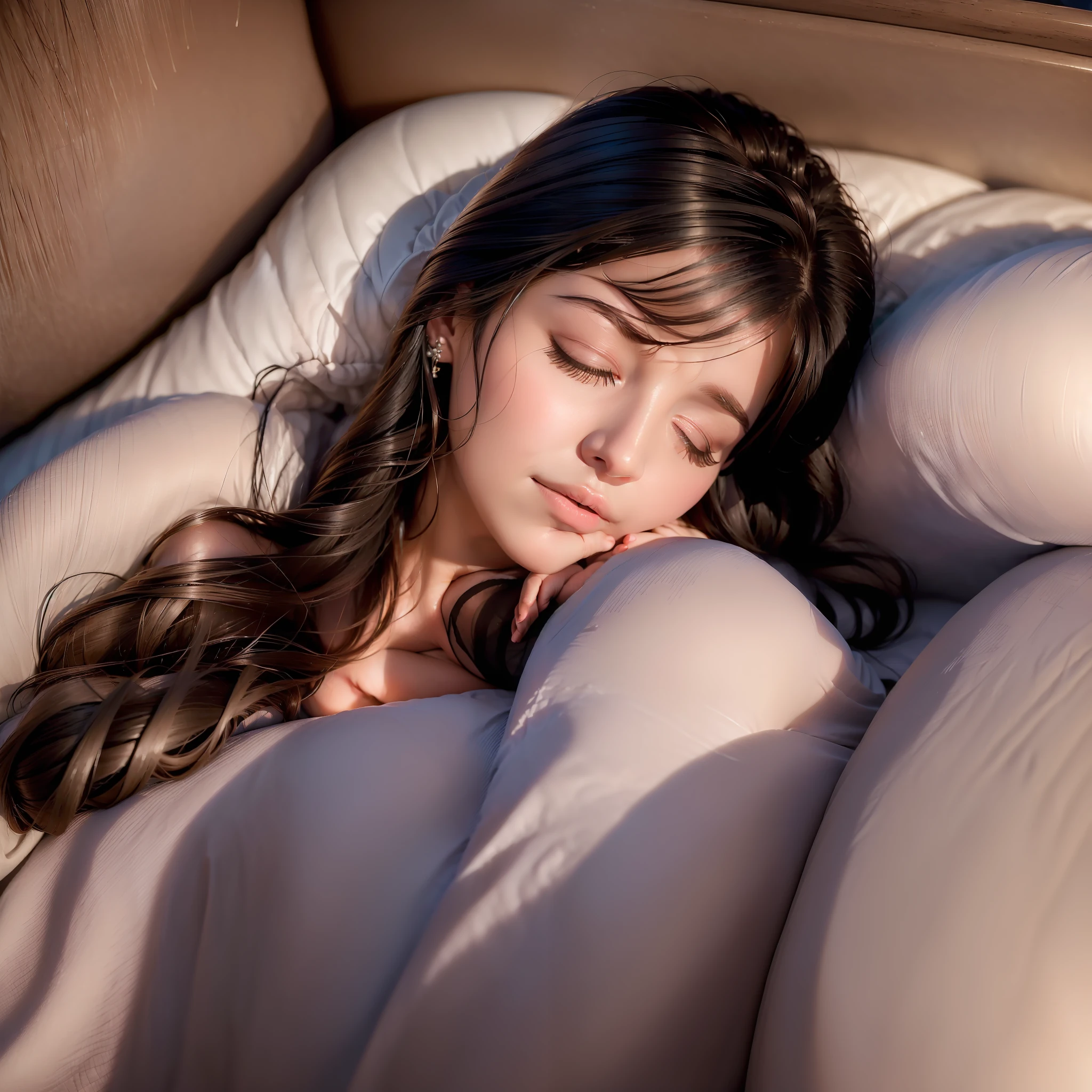 ((((a woman sleeps peacefully)))), ((her eyes are closed)), realistic, dark, natural skin, (Masterpiece:1.2) (photorealistic:1.2) (best quality) (intricate details) (8K) (High Poly) (ray tracing) (cinema lighting) (Sharp focus) (detailed face)