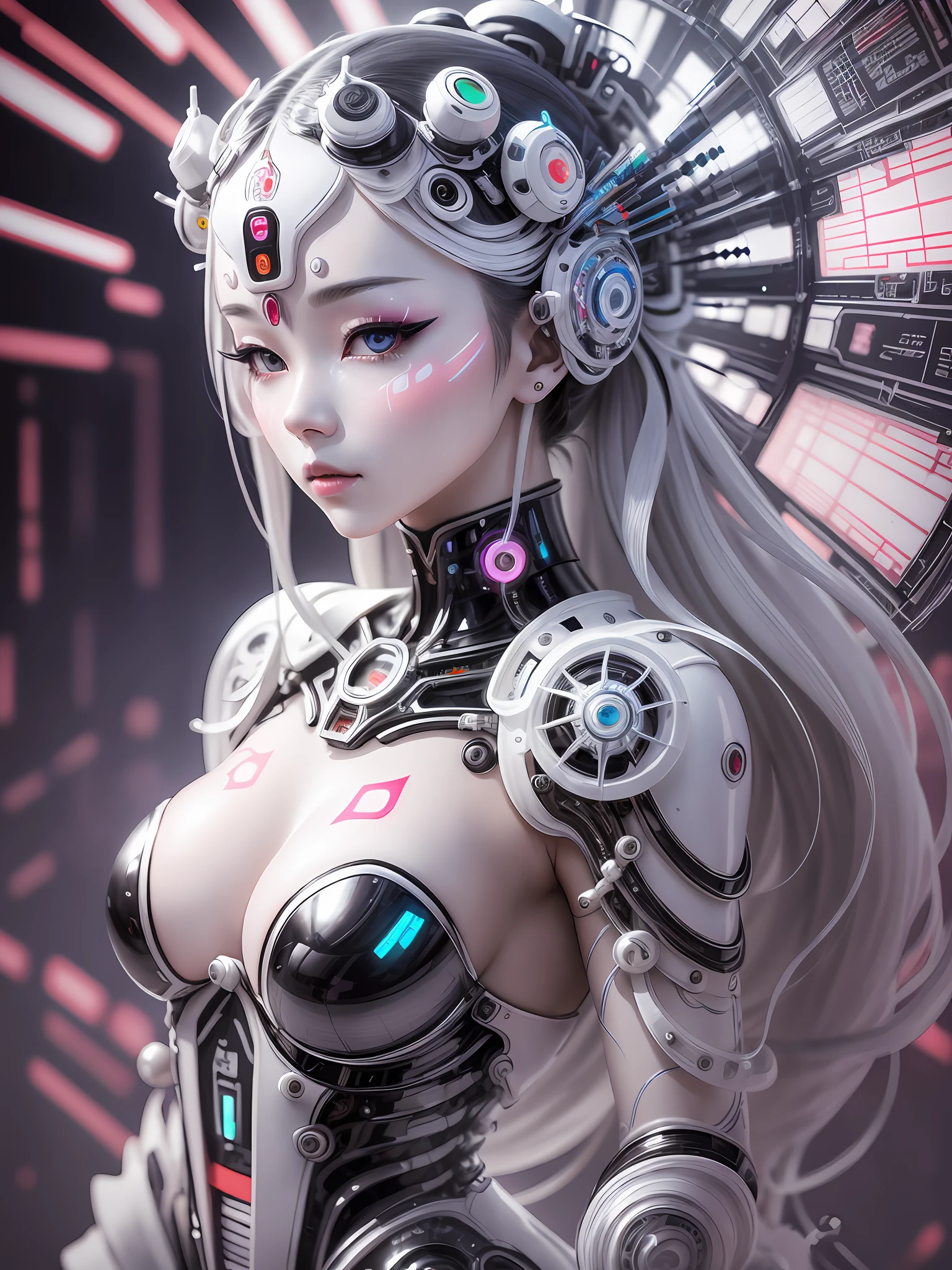 A photograph of Japanese female android made of transparent glass, white and silver plastic, geisha makeup and hairstyle, silver metal internal mechanisms, dynamic pose, flowing organic construction, detailed designs, glowing colorful circuitry, colorful neon trim, art by H.R. Giger, Greg Rutowski
