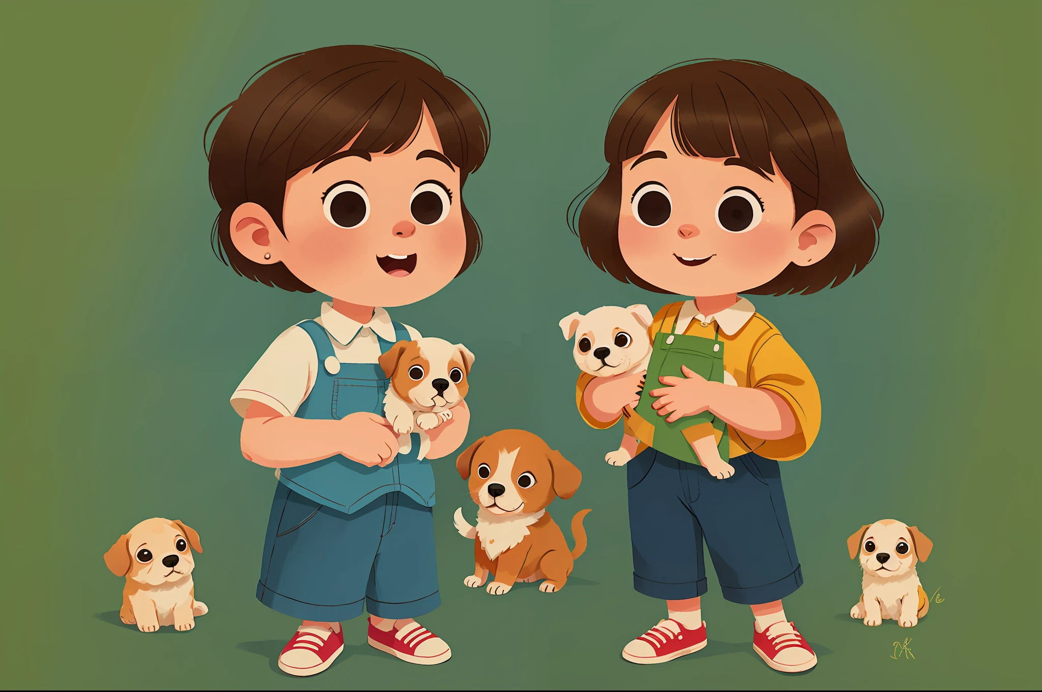 Girl with short hair, holding a puppy