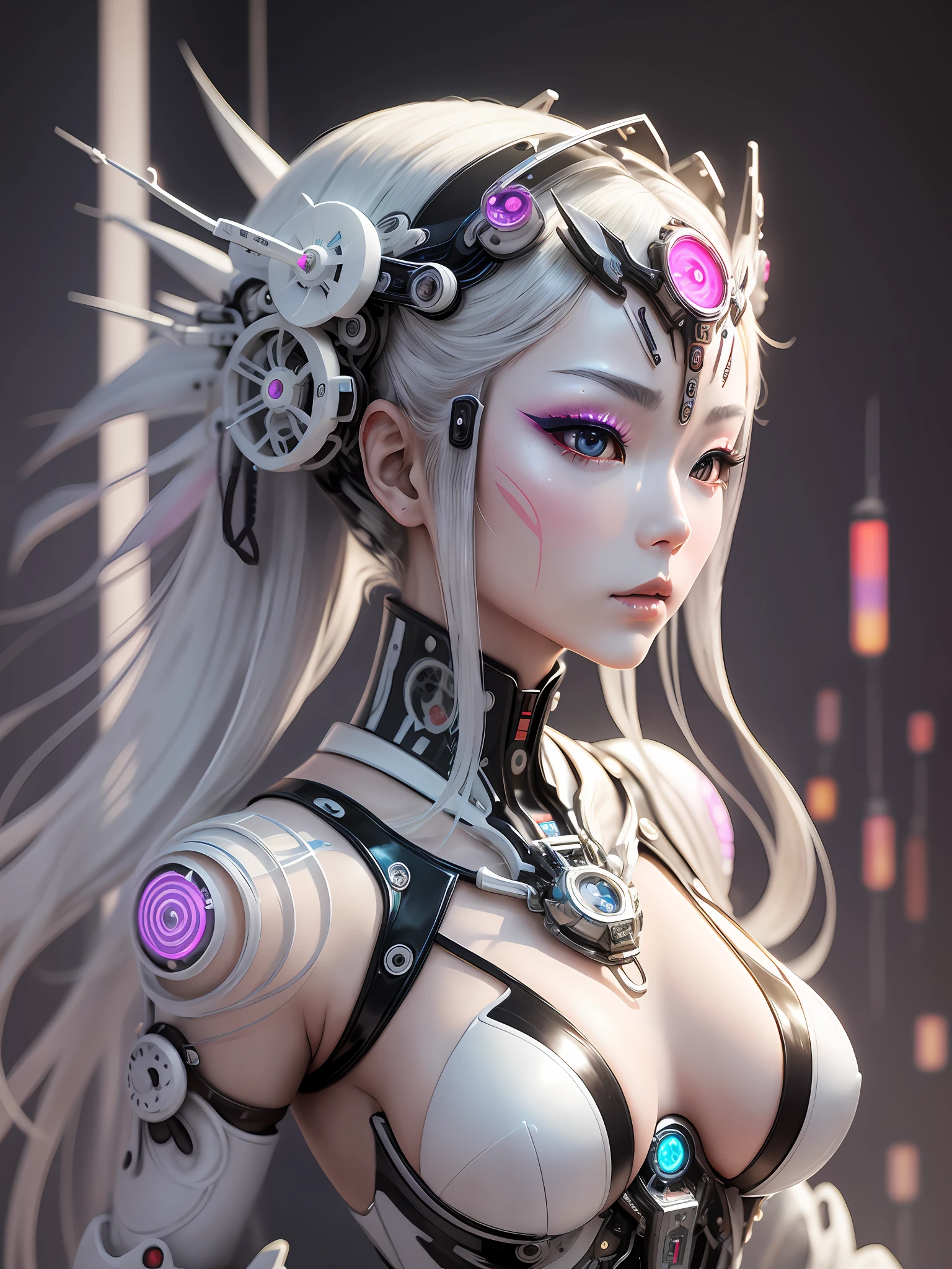 A photograph of Japanese female android made of transparent glass, white and silver plastic, geisha makeup and hairstyle, silver metal internal mechanisms, dynamic pose, flowing organic construction, detailed designs, glowing colorful circuitry, colorful neon trim, art by H.R. Giger, Greg Rutowski