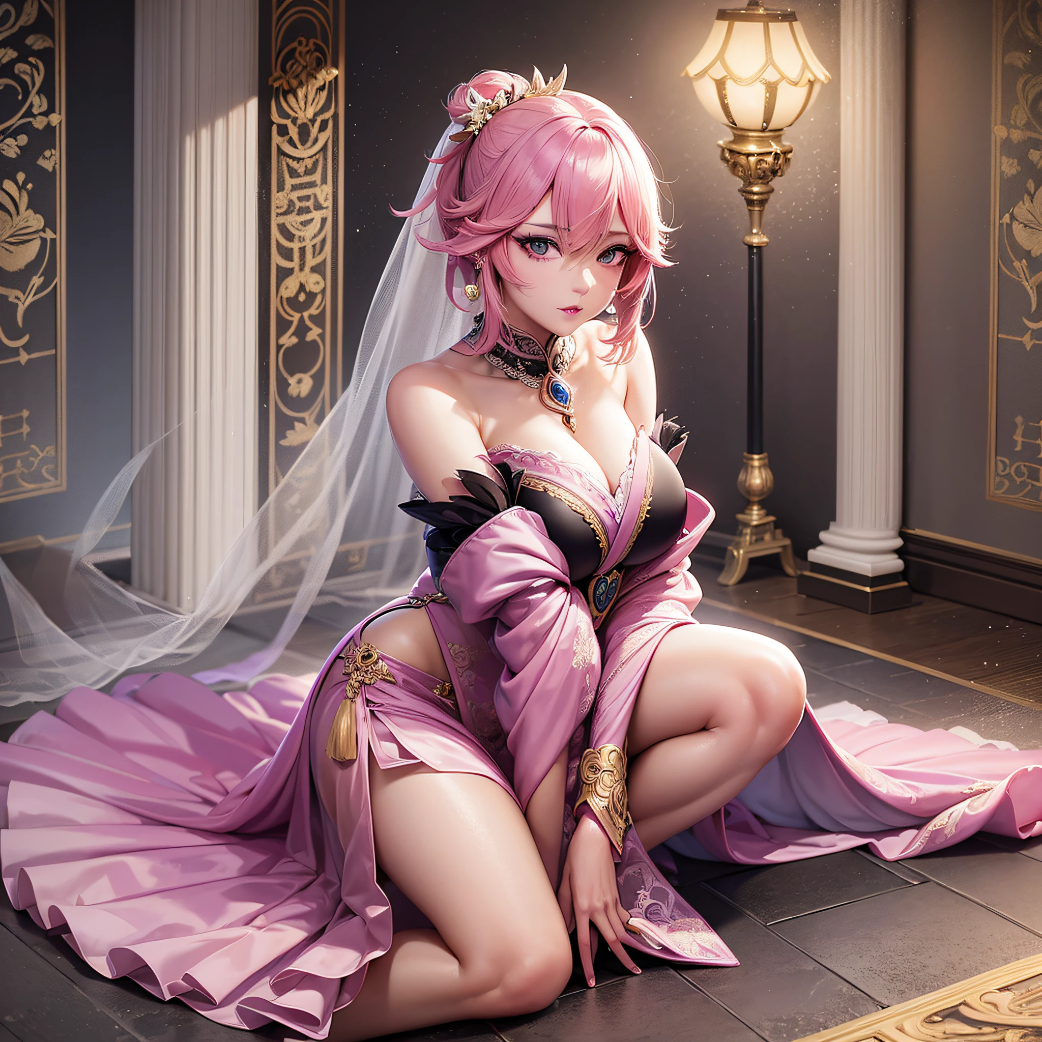 nighttime,full body,Genshin Impact:Yae Miko,(((Wearing French style, palace wedding dress, Fabric: Chiffon ))), in Pink Rose Castle, Masterpiece,best quality,extremely detailed 3DCG, Cinema-4D ,8k,Photorealistic， ( ##tattoo ##,tattoo, ~+ tattoo), (erfect female curves),(A seductive gaze), Facing the camera, Pink lips,Blacklight lighting,