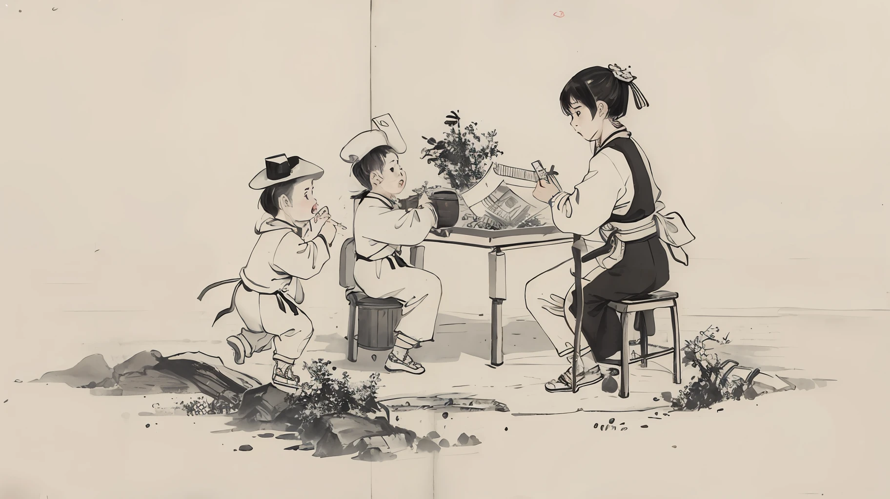 (Masterpiece, best quality: 1.2), traditional Chinese ink painting, a child, a bamboo basket, zongzi
