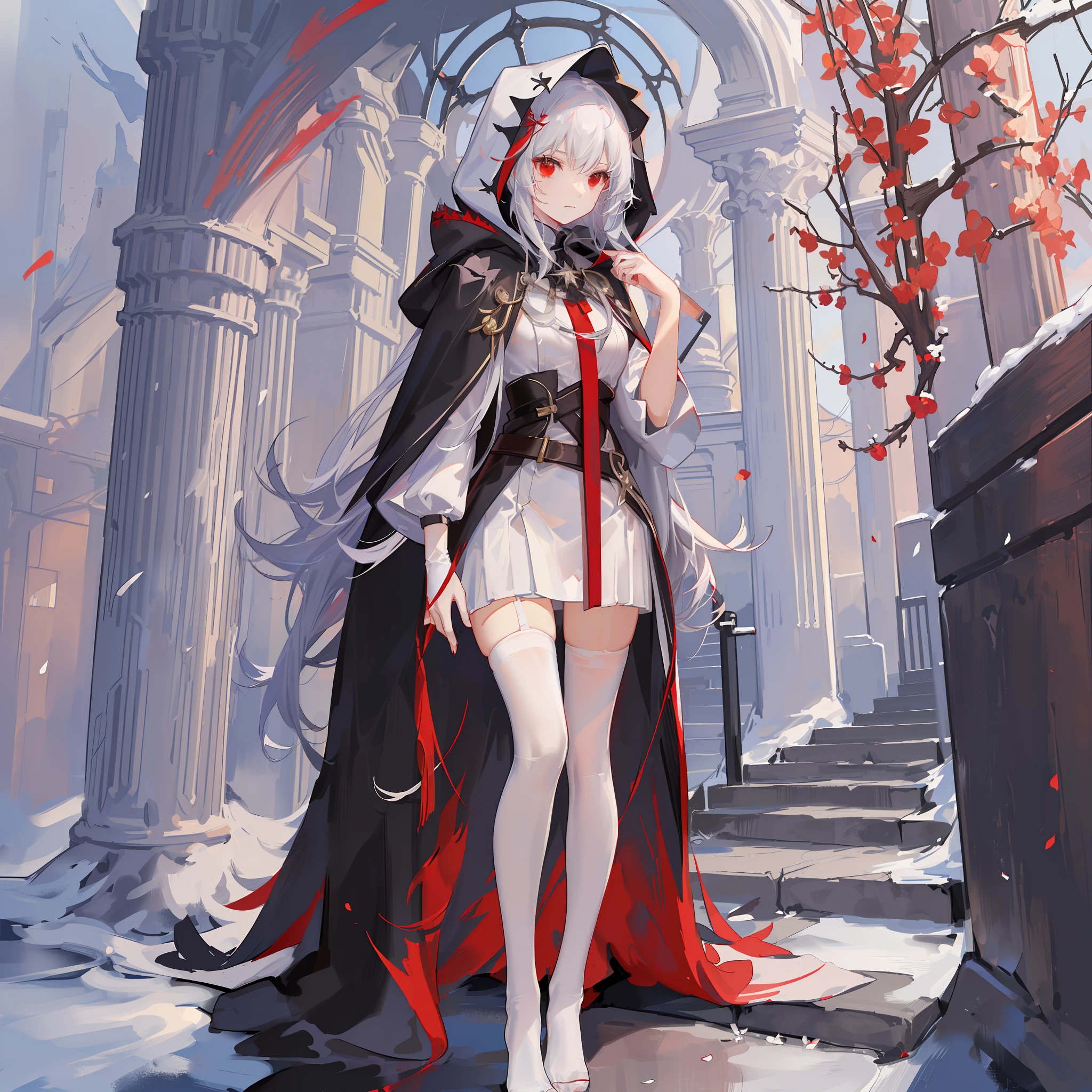 Maiden, white stockings, round red thread striped road black robe, hood, cape, red eyes, long white hair, faint smile, standing posture, full body, mage, holy girl