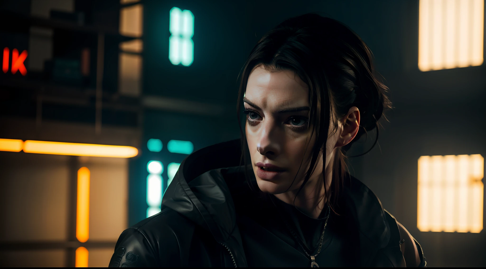 indoor cyberpunk indoor ambient shot, neon, cyberpunk clothing, cracked porcelain skin, Anne Hathaway, vibrant, photorealistic, realistic, dramatic, dark, sharp focus, 8k