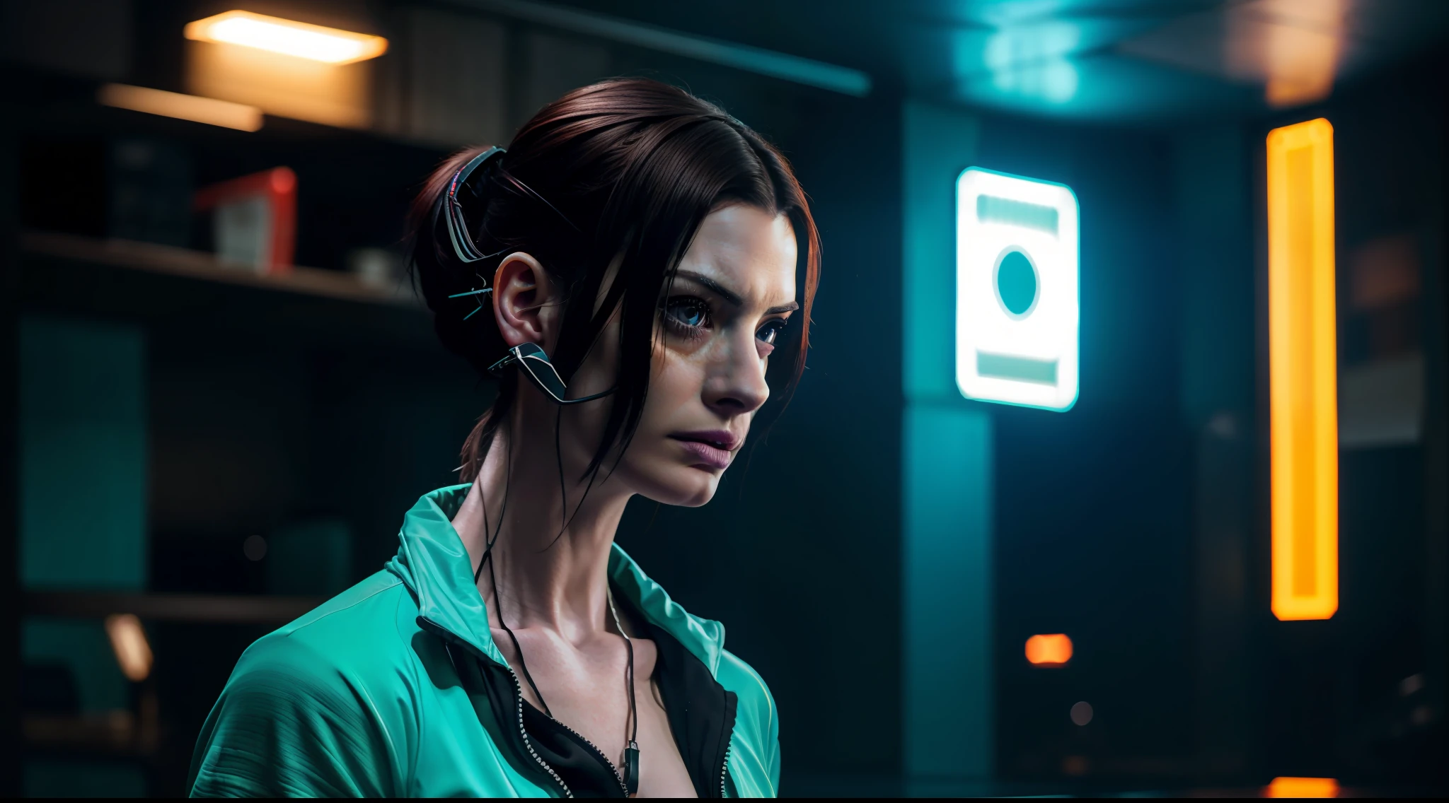 indoor cyberpunk indoor ambient shot, neon, cyberpunk clothing, cracked porcelain skin, Anne Hathaway, vibrant, photorealistic, realistic, dramatic, dark, sharp focus, 8k