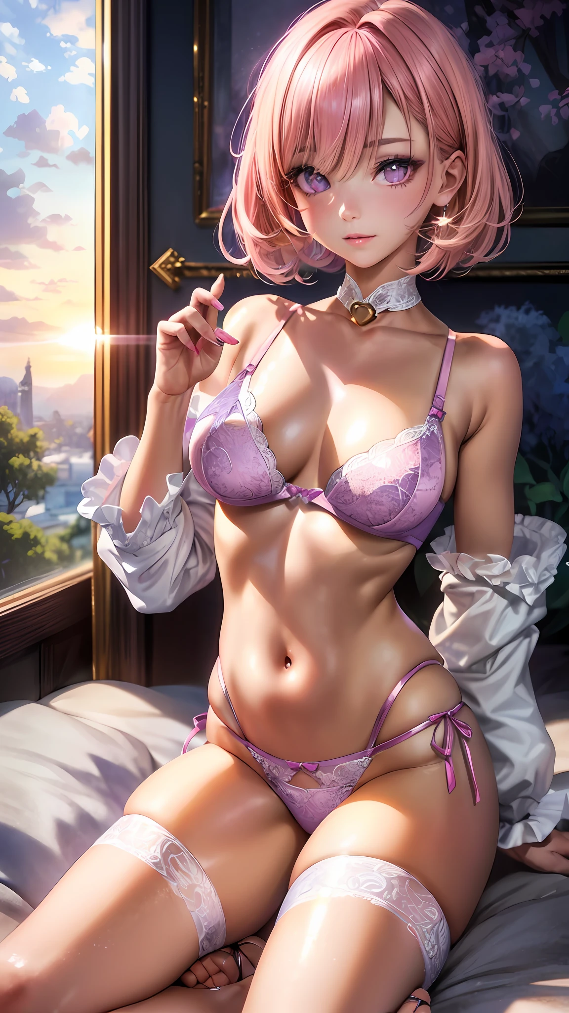 Hyper Detail, Girls Only, Layered Bob, dynamiic lighting, (((Bold imaginative pose)), (Glossy skin: 1.5), masterpeace, Top Quality, absurdism, Watching Viewer, (Blonde and Pink Hair), Purple Clear Eyes, Slender, High res, Sharp Focus, and depth of field, detail eyes, Sharp Eyes, ((Realistic Eyes)), (Medium boobs: 1.4), outsdoors, Sunrise sky, many lilac back ground, (caramel toe: 1.2)), ((Flashy lace underwear with attractive delicate design: 1.3))
