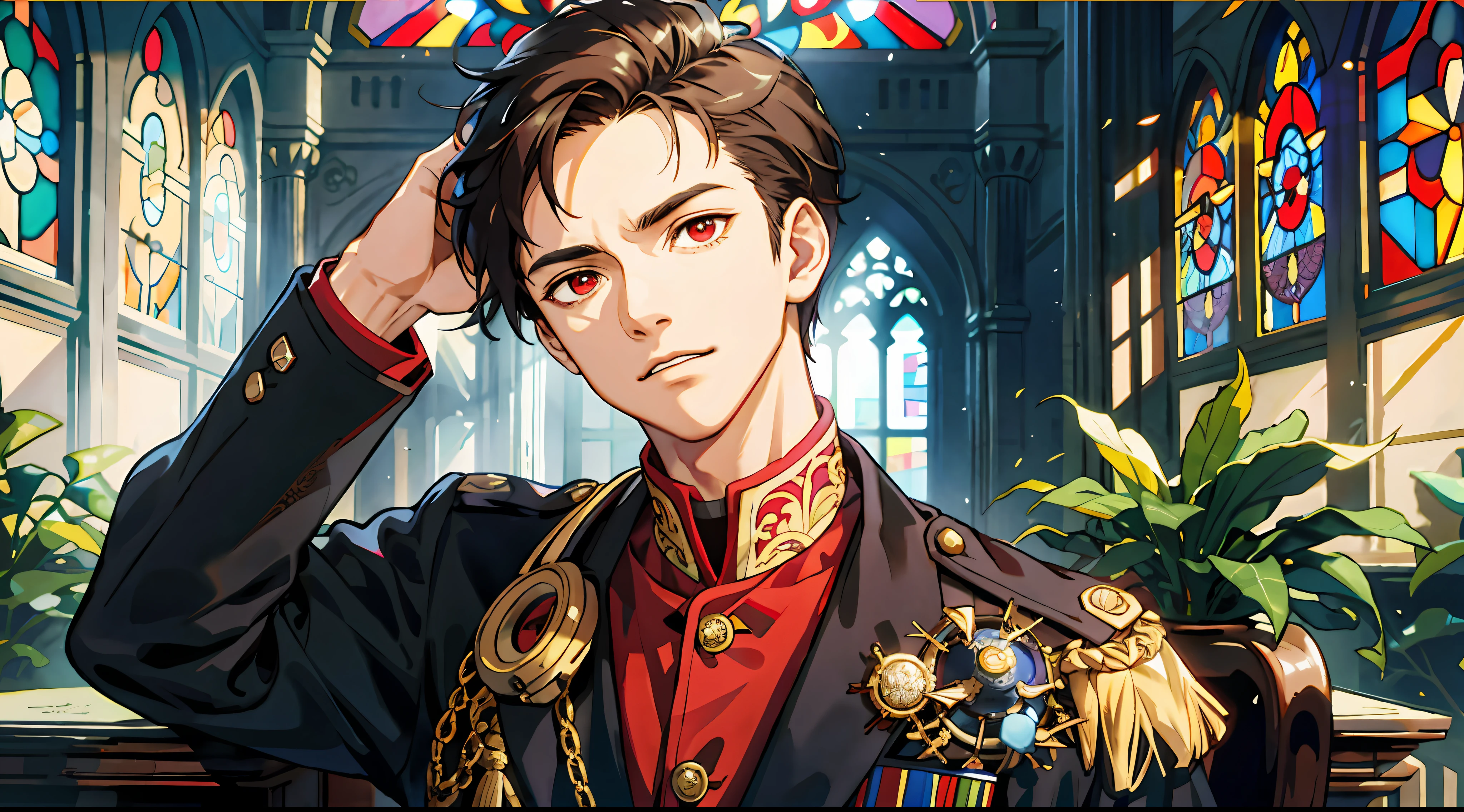 Masterpiece, Solo, Best Quality, 1 Male, Young Adult, Tone, Handsome, Narrow Eyes,Eyebrowed, Intricate Details, Military Uniform,{Short Golden Spiked Hair and Red Eyes}, ,Intricate Pattern, Best Light and Shadow, Inside the Church, Stained Glass,Mottled Day, Depth of Field, Plants, Colorful, Artful, Depth of Field,Cowboy Shot