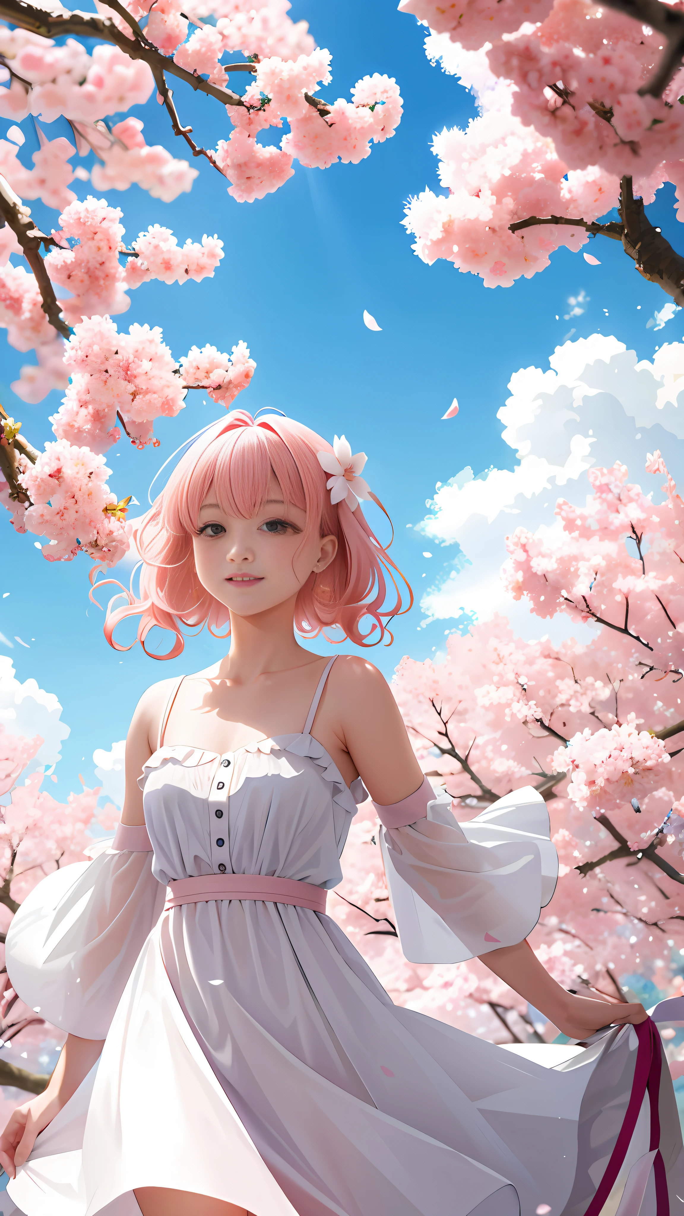 cherry_blossoms, falling_petals, petals, branch, pink_flower, 1girl, blue_sky, spring_\(season\), petals_on_liquid, flower, hanami, dress, Long blond curly hair, solo, day, sky, short_hair, outdoors, cloud, bangs, smile, pink_eyes, white_dress, bare_shoulders, earrings, breasts, holding_flower, wind, tree, looking_at_viewer,cowboy shot,