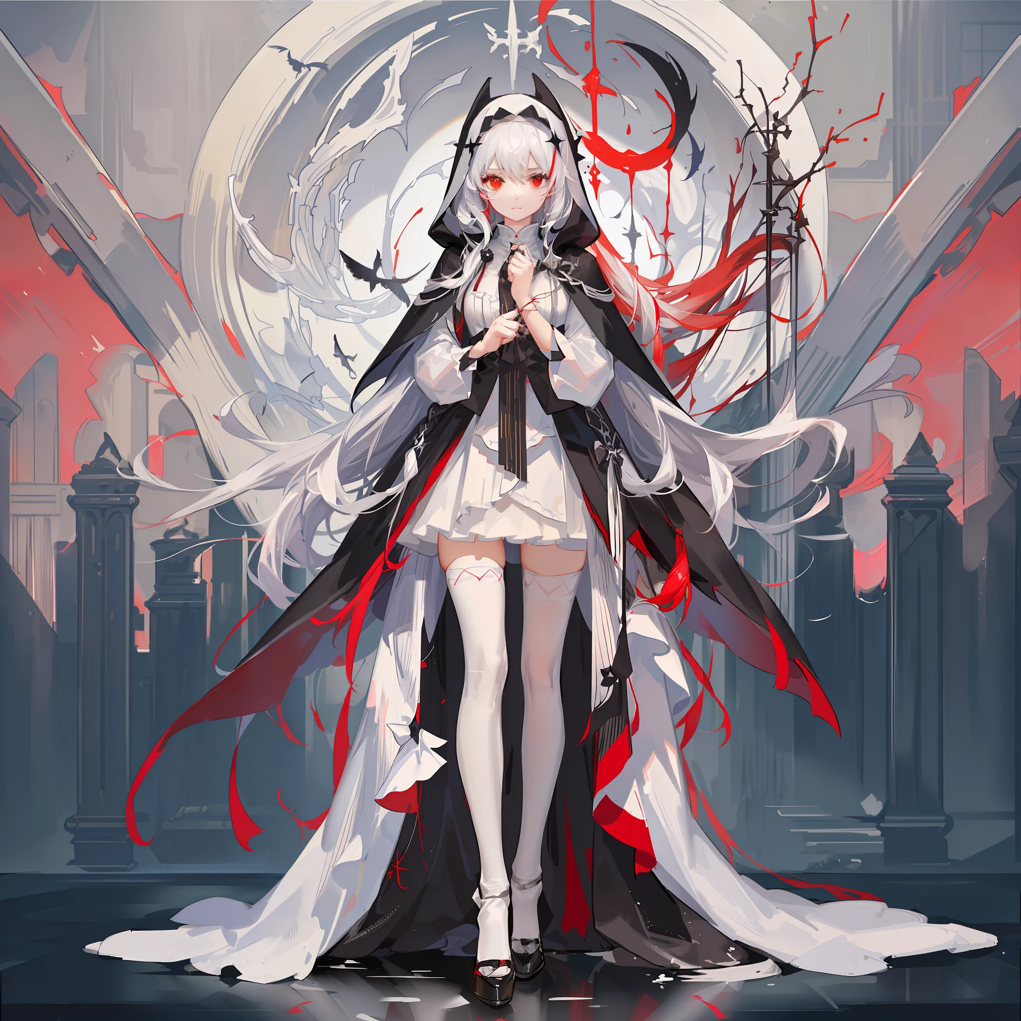 Maiden, white stockings, round red thread striped road black robe, hood, cape, red eyes, long white hair, faint smile, standing posture, full body, mage, holy girl