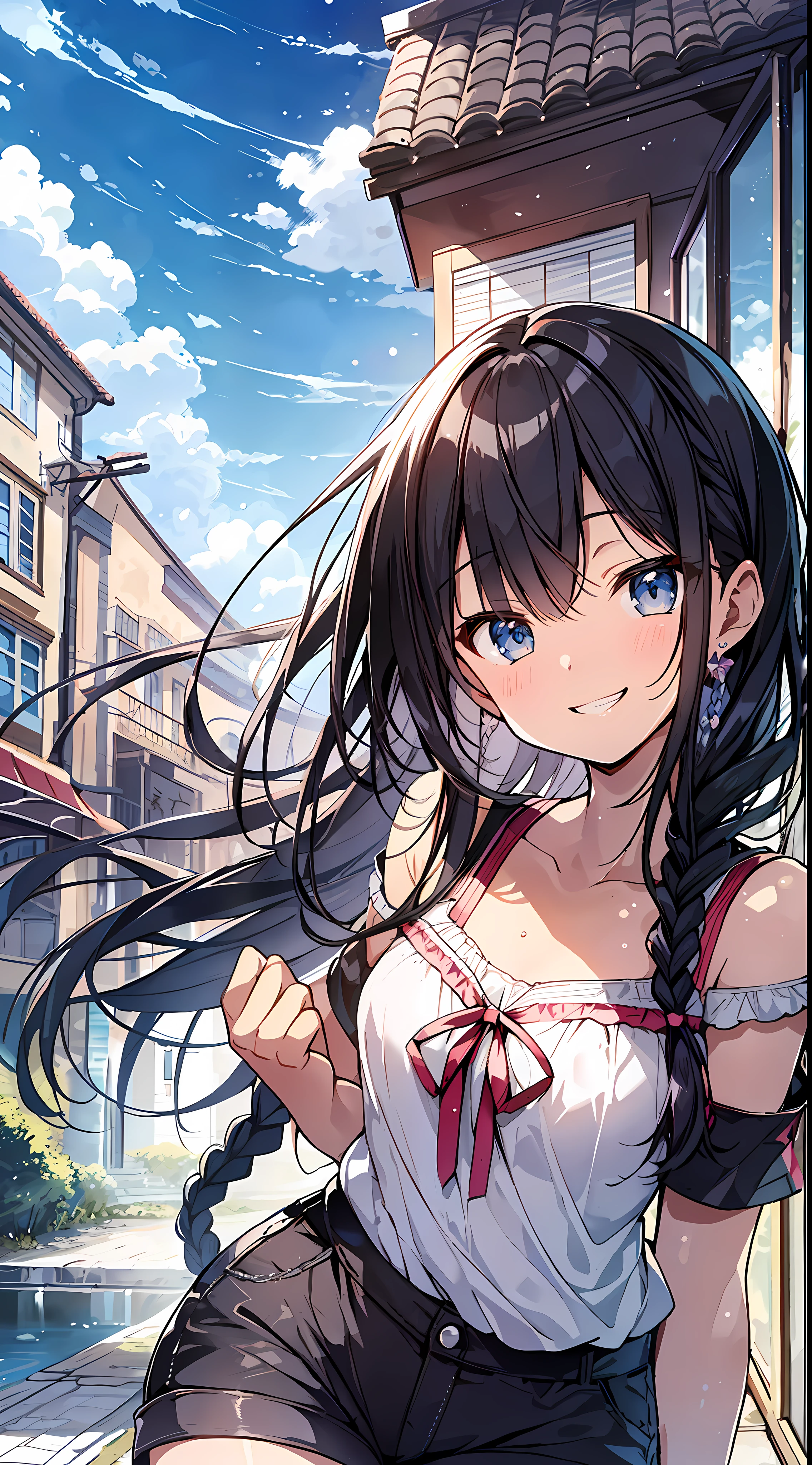 Top Quality, Masterpiece, Ultra High Definition, 8K, Summer Sky, Early Summer, ((Short Sleeve Cutter Shirt, Shorts)), Shojo Manga Style , One, Soft Line Art, Digital Enhancement, Shojo Manga Touch, Shojo Manga Core, Flowing Fabric, Close Up, (Shoulder Length and Short Braid)), Wet Hair, Staring at us from the front, Soft Drawing, Beautiful Black Hair, Clear eyes, ((teasing smile)), ultra-detailed digital anime art, clear face depiction, ultra-detailed shoujo manga character art, ultra-detailed manga style, top quality colors, hand gestures, angle to see up to your feet, landscape with nature, looking up at the sky