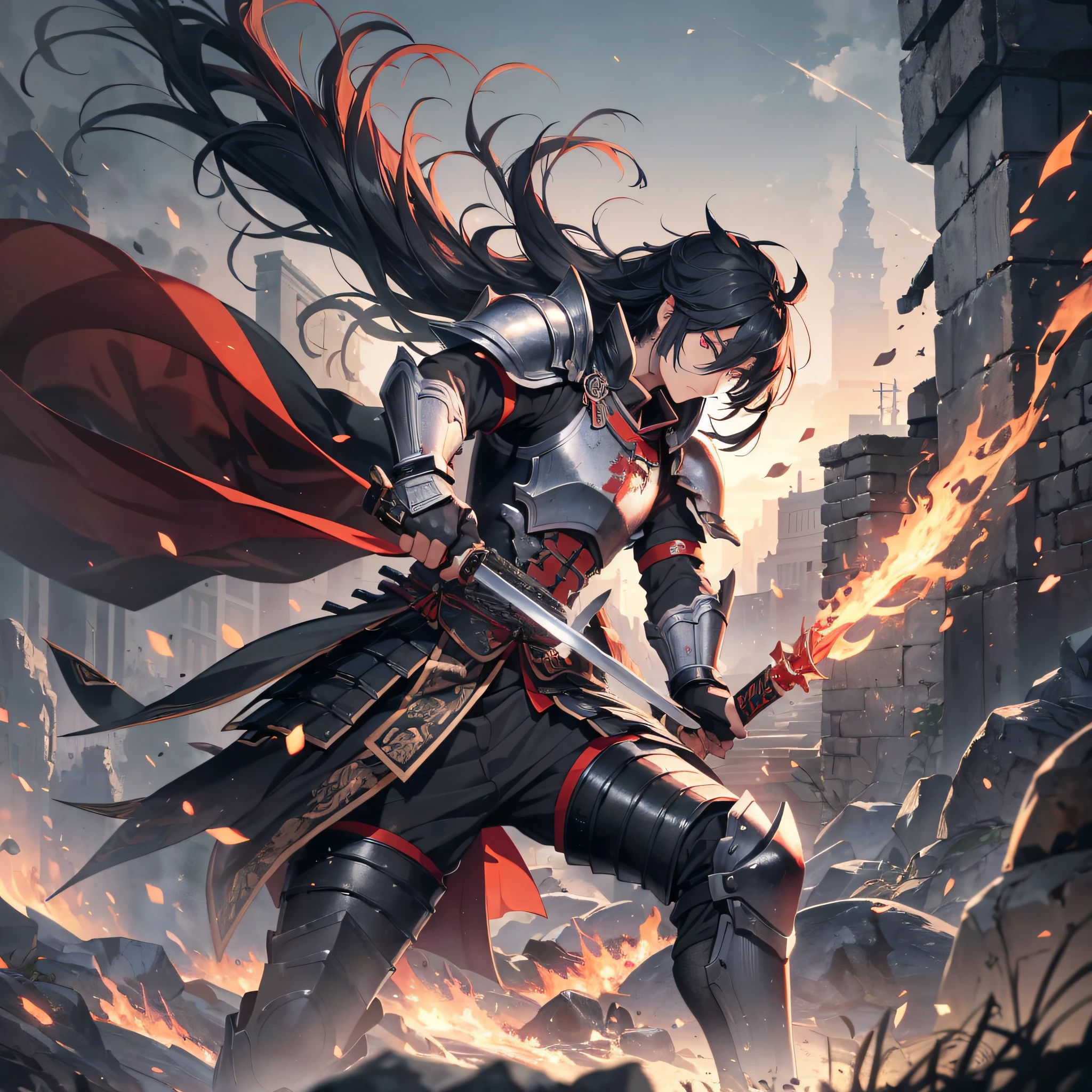 Absurd resolution, high resolution, (masterpiece: 1.4), hyperdetail, ancient Chinese, black long-haired young man (1.3), armored samurai in black armor, wielding sword, blood, fighting, standing on ancient city walls (1.3), dusk, fire