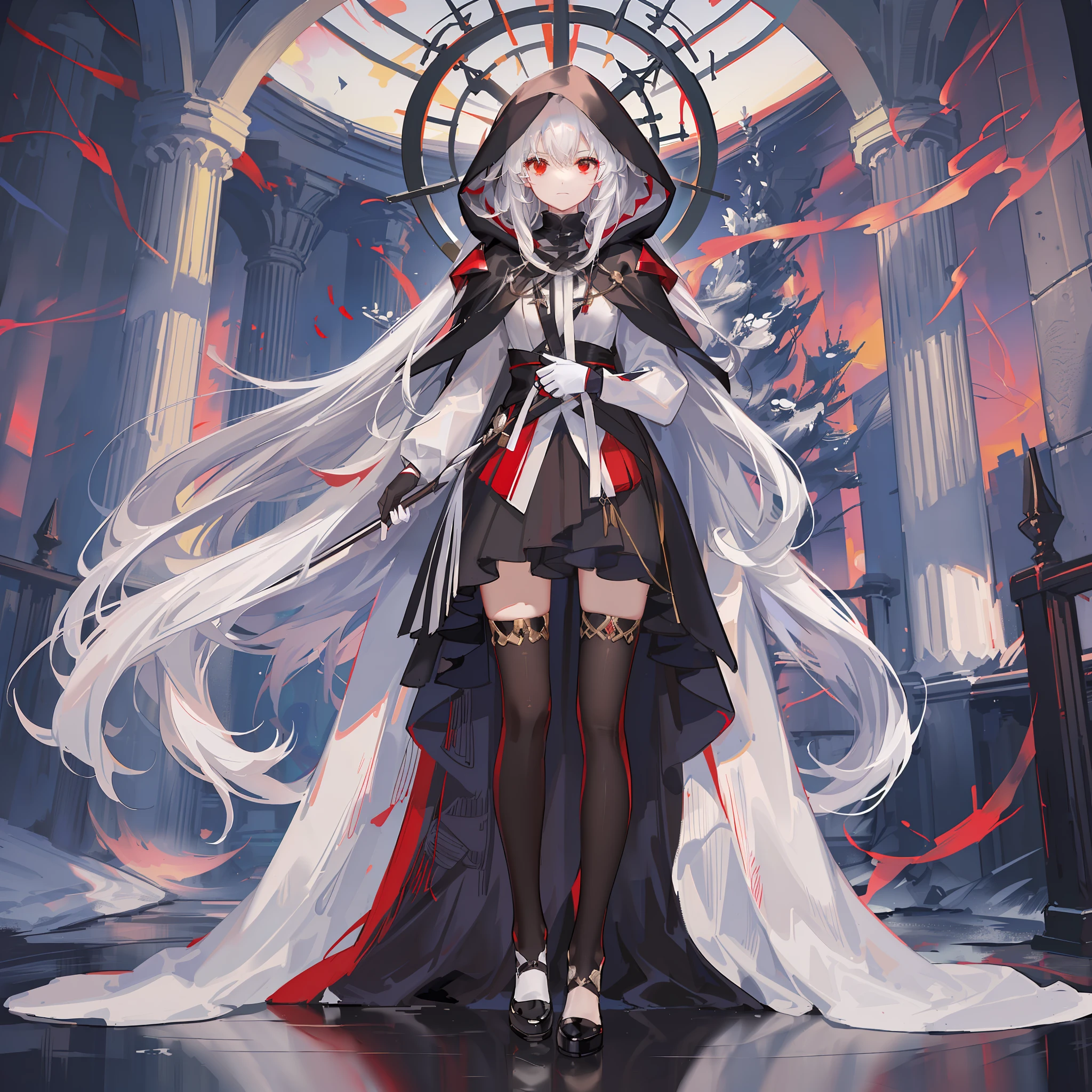 Maiden, white stockings, round red thread striped road black robe, hood, cape, red eyes, long white hair, faint smile, standing posture, full body, mage, holy girl