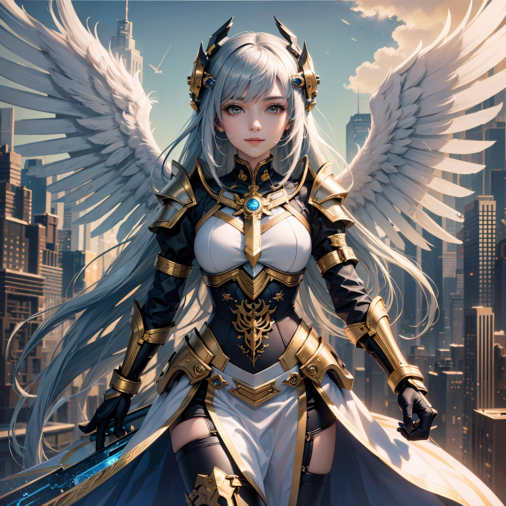 Masterpiece, (Best Quality), Highly Detailed, Ultra Detailed, 1 Girl, Very Beautiful Mongolian Girl (Mechanical Wings: Golden, Glowing Eyes: Blue, Silver Armor: 1.2, Elongated Ears: 0.8), (Cyberpunk: 1.5, Weapon: Energy Blade), (Fantasy Landscape: 1.2, Natural Daylight: 1.5, Confident Expression), (Panorama: 1.2), Mecha, Smile, Angle, Angel, Wings, --auto --s2