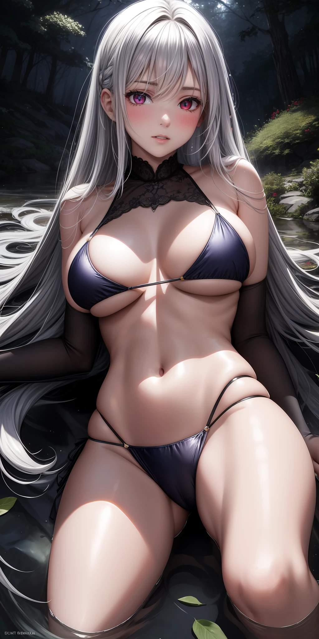 Real, One Girl, Lying Down, Starry Sky, Open Legs, Open Crotch, Ahe Face, White Hair, Forward Bend, Red Eyes, Glowing Eyes, Simple Background,Fantastic, Stormy, Wet,Forest, Water, Lying Down, Wonderful, Hairstyle is Shortcut, Impossibly Large, Angle from Below, Micro Bikini, , Silver T-Back, Back, Protruding Buttocks, Parted Lips, Blushing, Rough Breath, Flowers, Sun, sunlight, {{{��masterpiece}}},
{{{{{Official Art}}}}},
{{{high quality}}},
{{{highest quality}}},
{{{{8k_wallpaper}}}},
{{{{Very detailed eyes}}}},
{{{{{Very detailed body}}}},
{{{Very detailed finger}}}