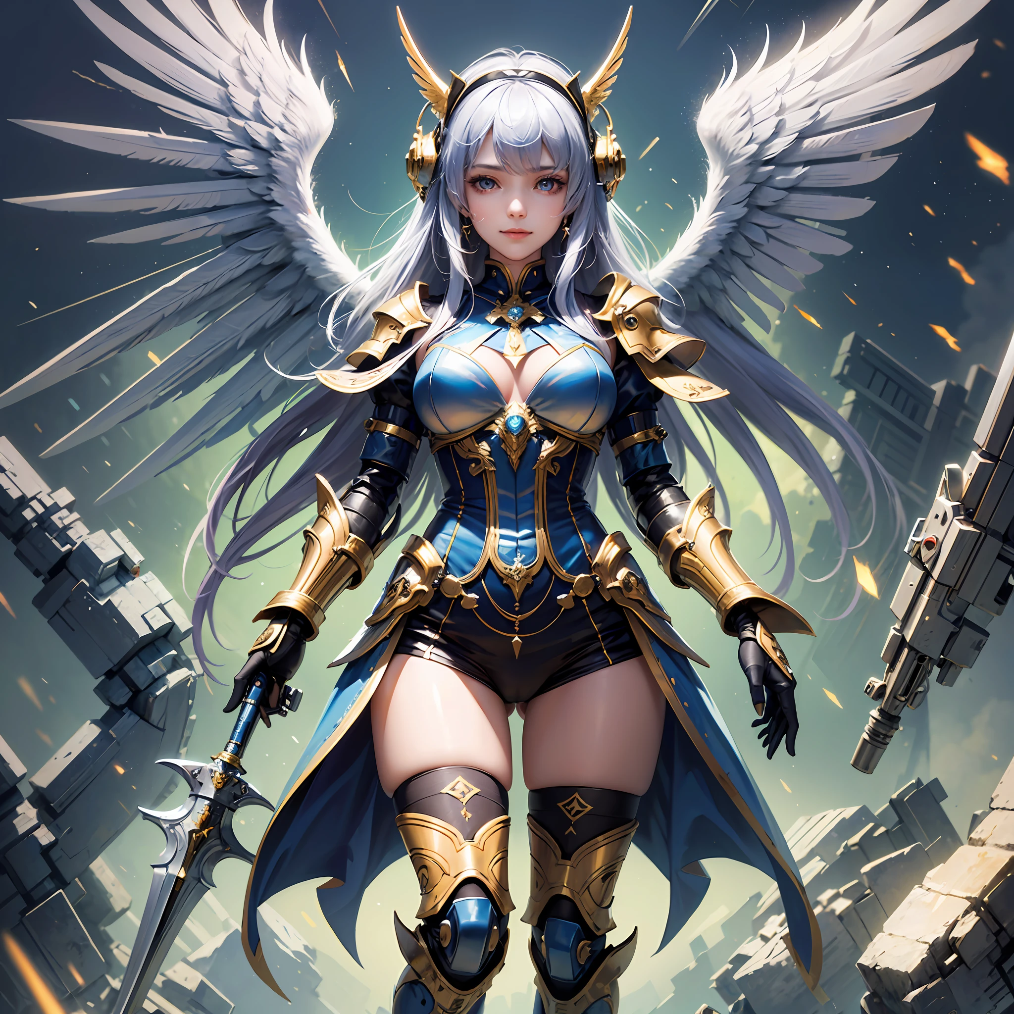 Masterpiece, (Best Quality), Highly Detailed, Ultra Detailed, 1 Girl, Very Beautiful Mongolian Girl (Mechanical Wings: Golden, Glowing Eyes: Blue, Silver Armor: 1.2, Elongated Ears: 0.8), (Cyberpunk: 1.5, Weapon: Energy Blade), (Fantasy Landscape: 1.2, Natural Daylight: 1.5, Confident Expression), (Panorama: 1.2), Mecha, Smile, Angle, Angel, Wings, --auto --s2