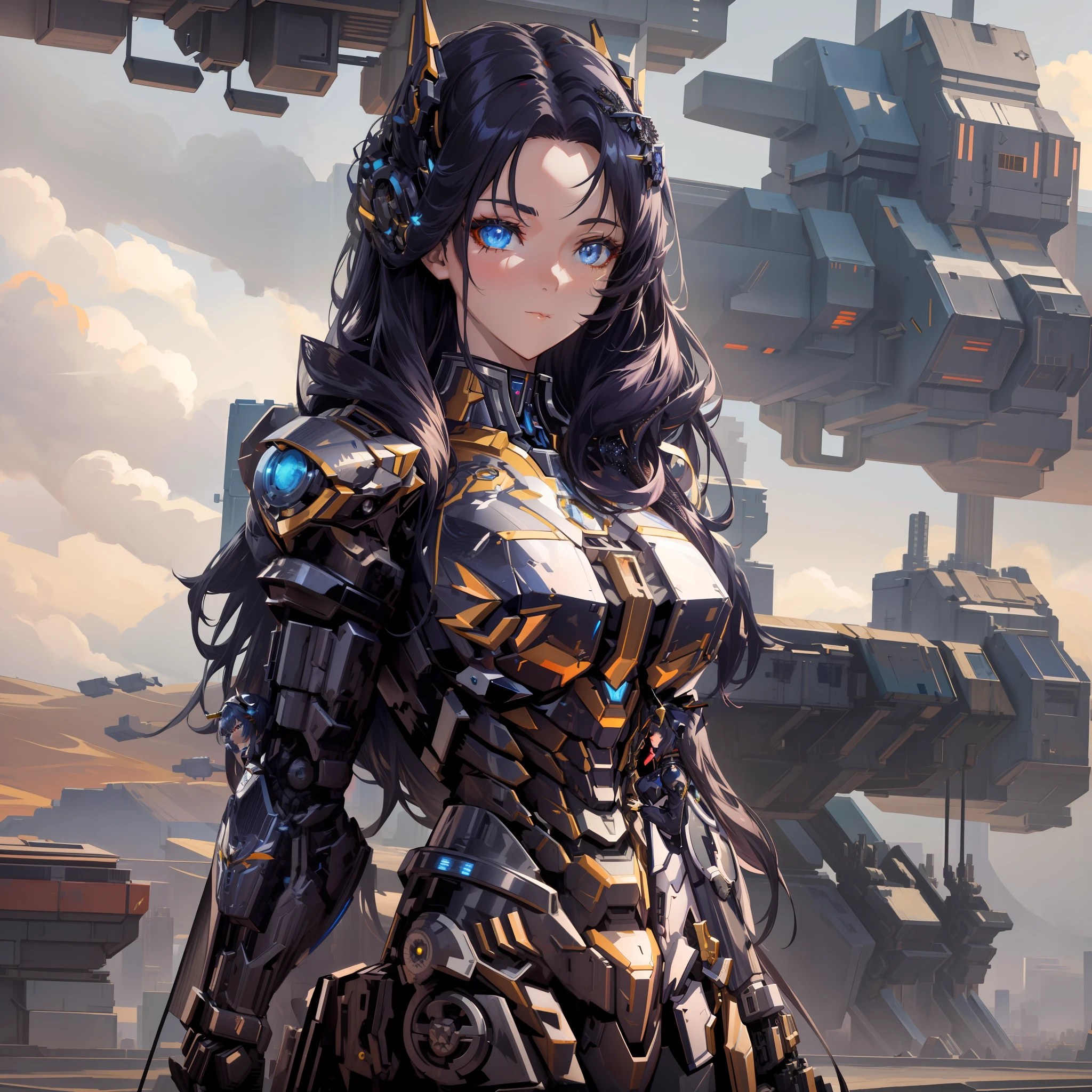 there is a woman in a futuristic suit standing in front of a futuristic city, girl in mecha cyber armor, mechanized valkyrie girl, portrait of a cyborg queen, perfect anime cyborg woman, beutiful girl cyborg, cyberpunk anime girl mech, 4k highly detailed digital art, karol bak uhd, cyborg girl, mechanized soldier girl, female mecha