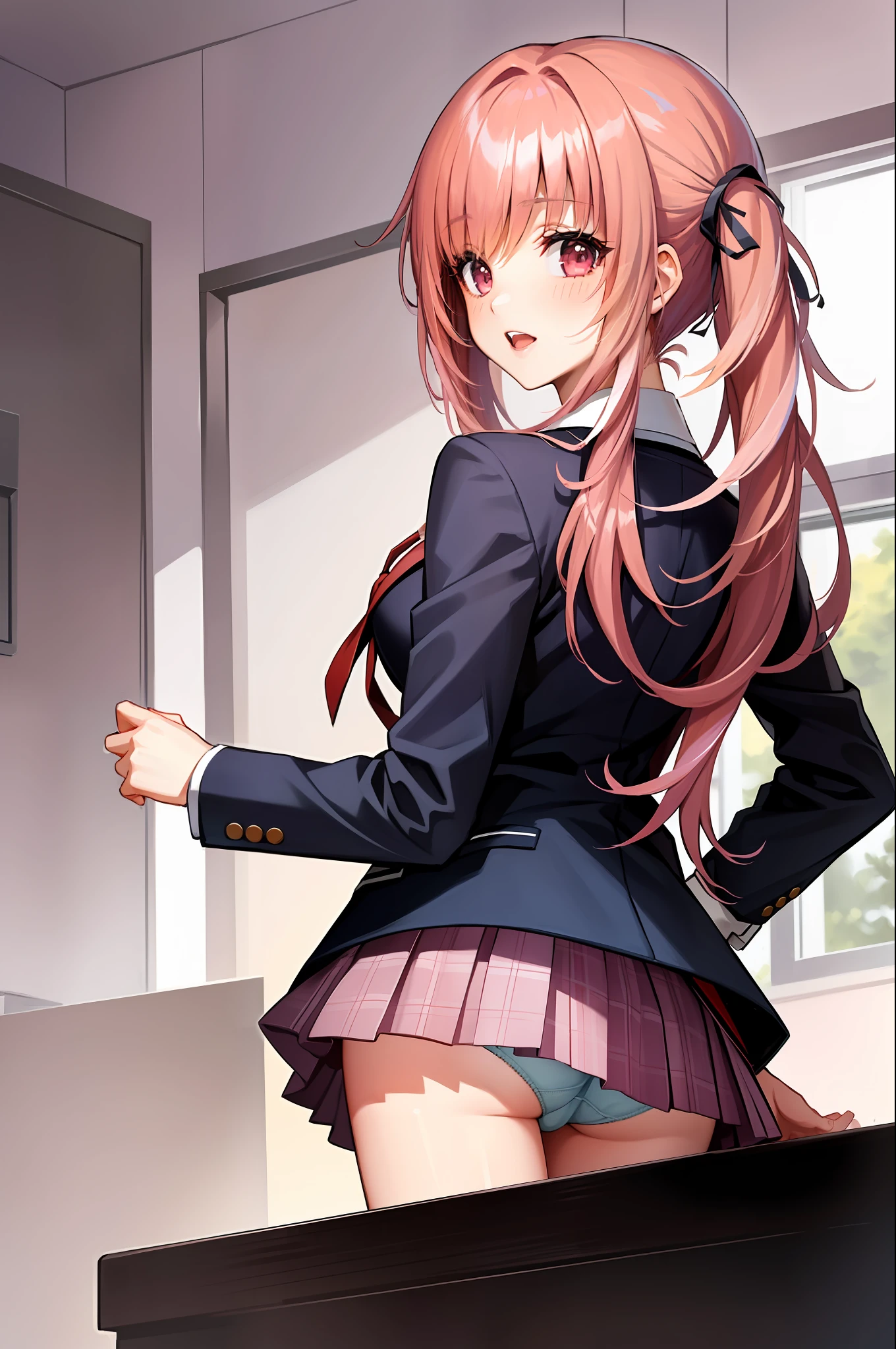 1 Girl, Selene, Skirt, school_uniform, Tie, Twin Tails, Long Hair, Jacket, Blazer, Indoors, School, Pink Hair, Gradient Hair,Panties From Back