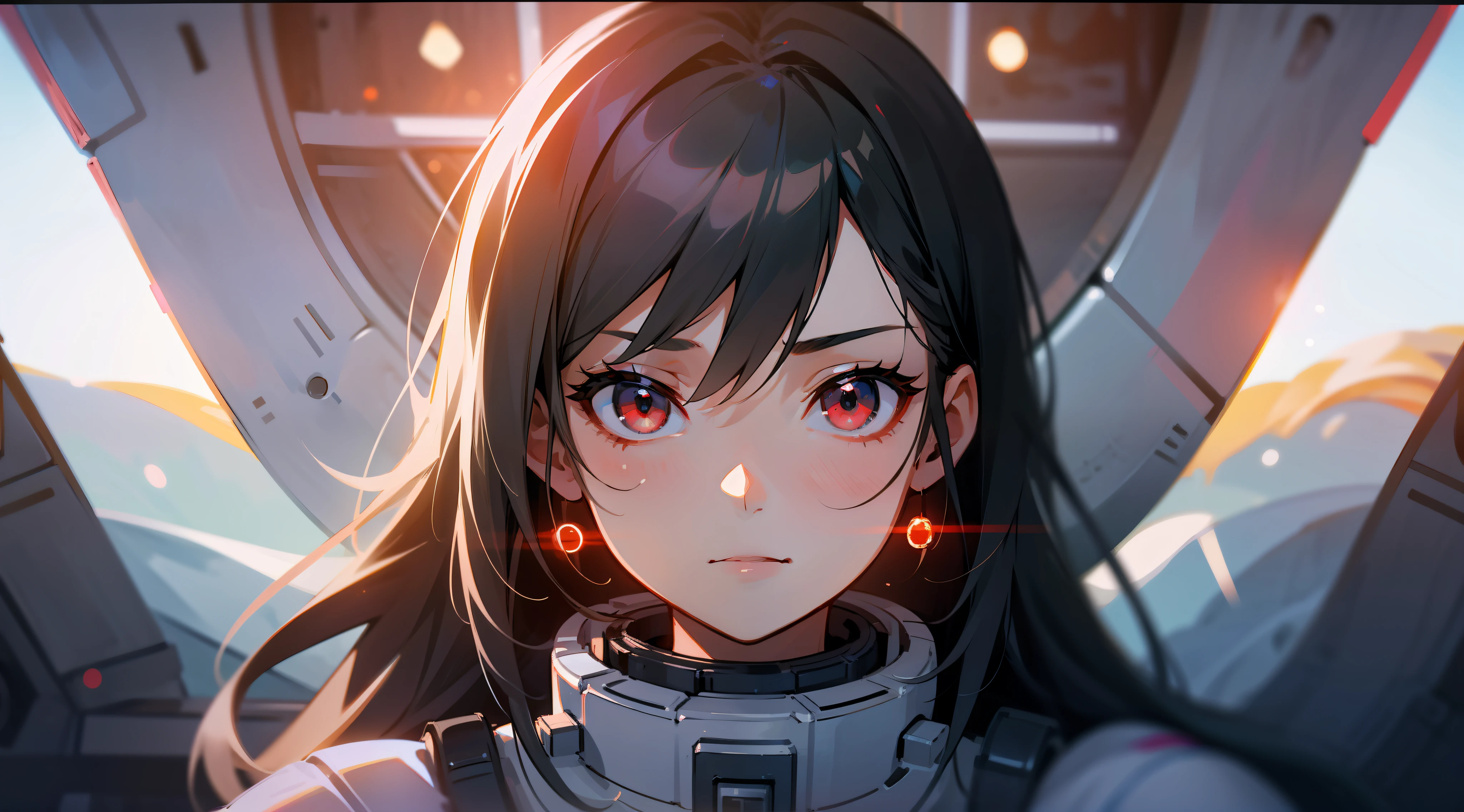 1girl, flat chest, cute, beautiful and detailed eyes, life on the space station, mirror props, shiny hair, visible through hair, hair between the eyes, white monochrome, , Soviet Union, communism, black hair, red eyes, vampires, girl, poor breasts, space suit: blurred foreground, HD, depth of field, bokeh, bust, medium shot, 56mm lens