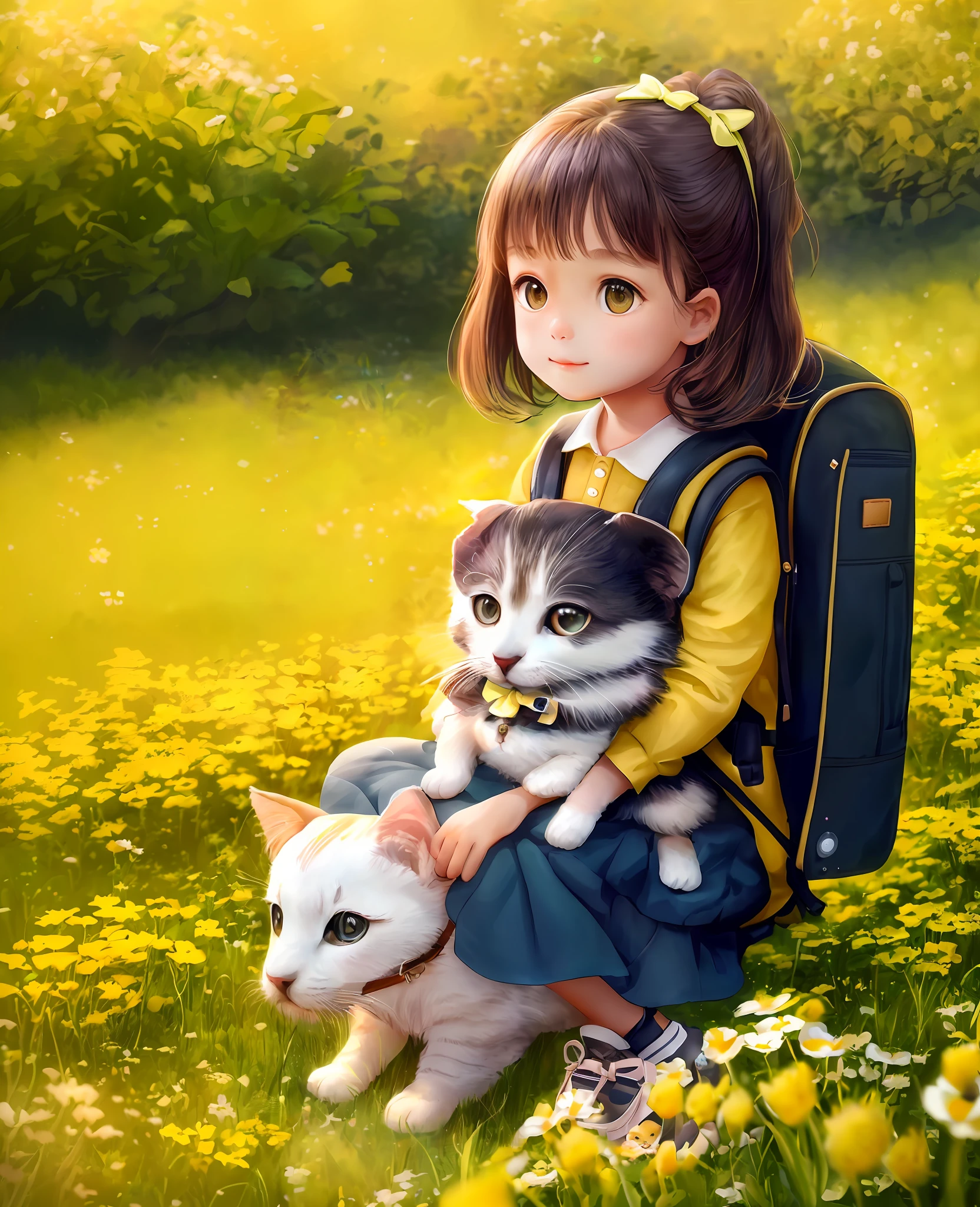 Tip: A little girl with a crossbody bag and her cute kitten enjoy a cute spring outing surrounded by beautiful green grass and white flowers and nature. The illustration is a high-definition illustration in 8K resolution with very detailed facial features and free-style visuals.