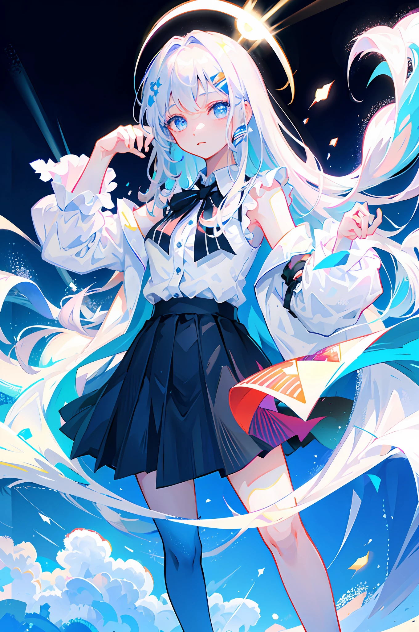 Best quality, super high resolution, (realism: 1.4), 1 woman, sleeveless white button-down shirt, black skirt, black collar, (Kpop idol), (aegyo sal:1), (white gold: 1), (puffy eyes)), looking at the audience, full body, flowers, blue eyes, long hair