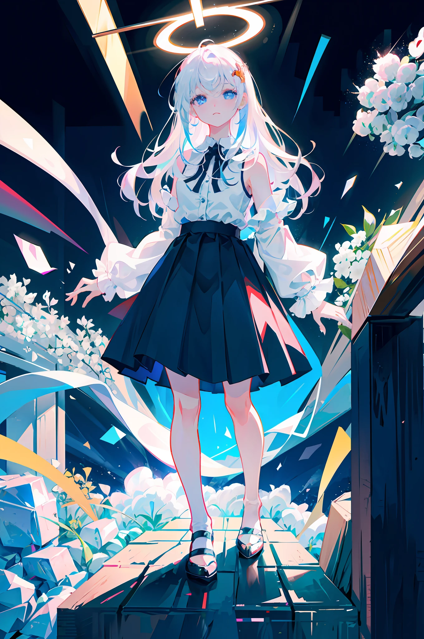 Best quality, super high resolution, (realism: 1.4), 1 woman, sleeveless white button-down shirt, black skirt, black collar, (Kpop idol), (aegyo sal:1), (white gold: 1), (puffy eyes)), looking at the audience, full body, flowers, blue eyes, long hair