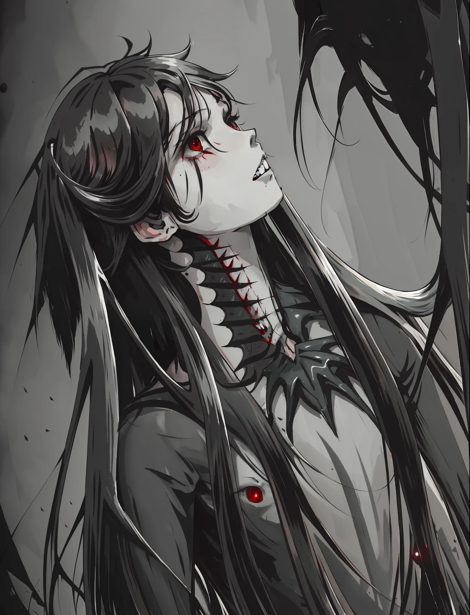 (masterpiece, best quality:1.2),bloody, beautiful face,(Gray\green skin),mermaid, highly detailed, {best quality}, {{depth of field}}, illustration, solo, sharp focus, {{character {1 boy }}, (black straight hair:1.6),(hair is straight and loose), beautiful detailed eyes, sharp teeth, {looking at viewer},{masterpiece illustration},full body, normal angle,horror art, creepy, beautiful form of chaos, elegant, dull colors, romanticism,an evil mermaid siren, maniacal smile, atmospheric, death, decay, horror art, blood,