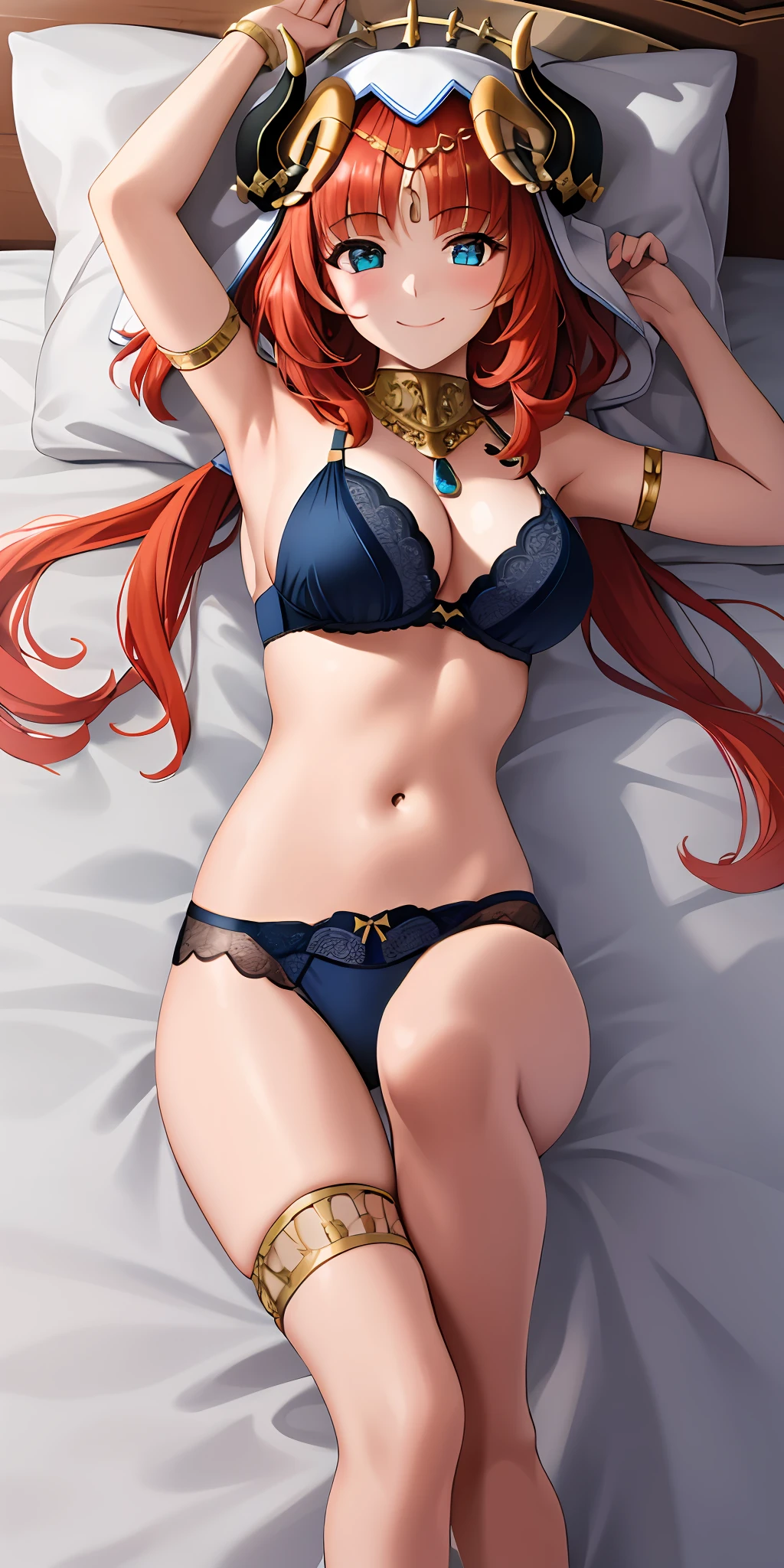1girl, solo, nilournd, busty, (lingerie), lying on bed, smiling, (from above view)