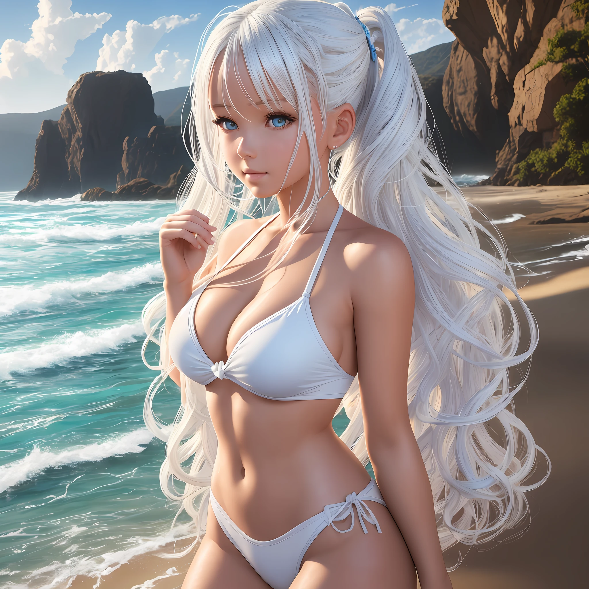 Beautiful girl white string swimsuit white hair twin tail curls big sandy beach, photorealistic, photography, masterpiece, realistic, realism, photorealism, high contrast, photorealistic Artstation 8k HD Trending digital art with high resolution Detailed and realistic, detailed, skin texture, super detailed, --auto --s2