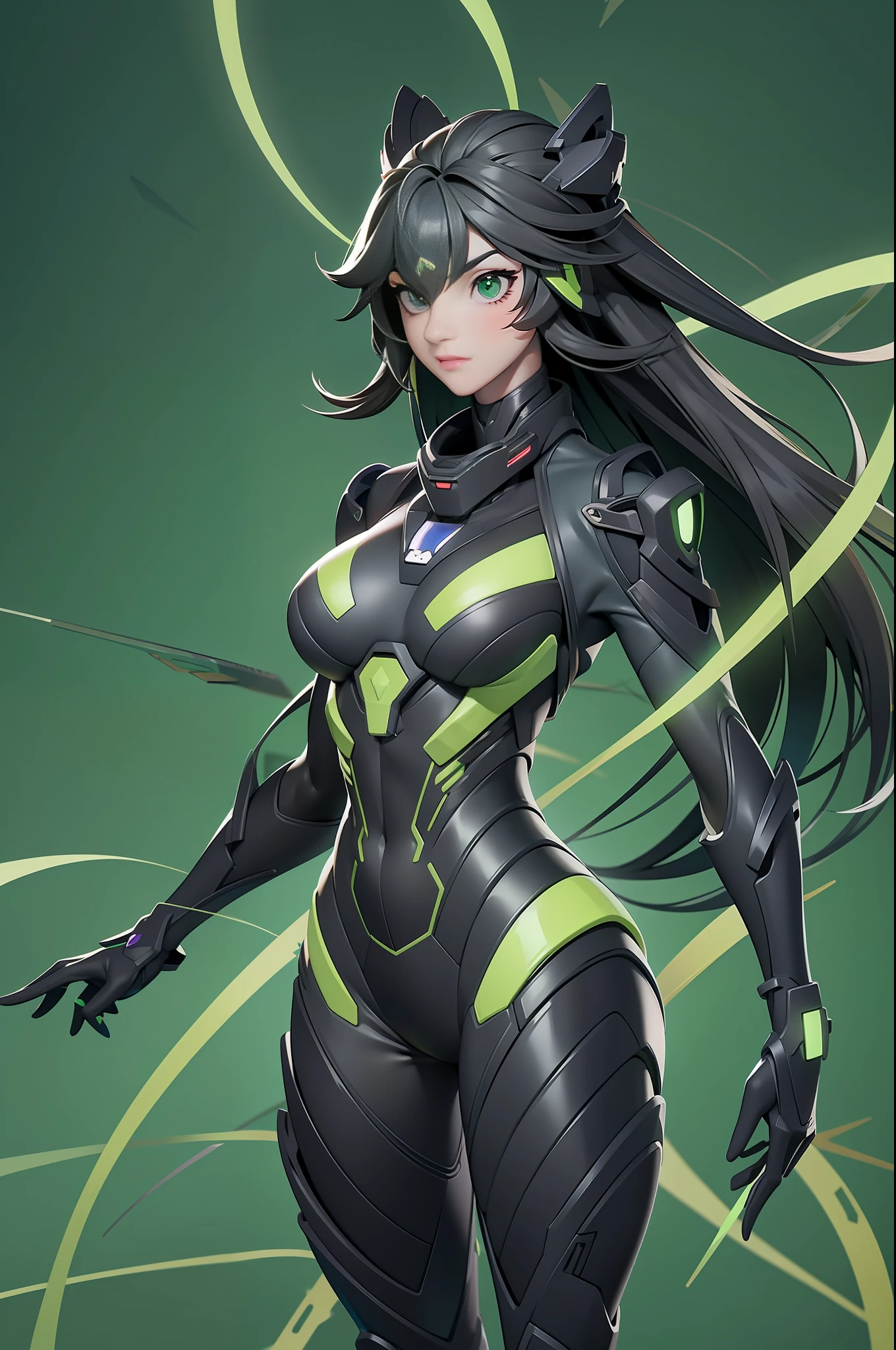 full body picture Unreal Engine 5 8K UHD of beautiful girl, green Japanese style long hair, wearing futuristic black tight battle suit, half face mask, futuristic neck collar, grass green light details, best quality, masterpiece