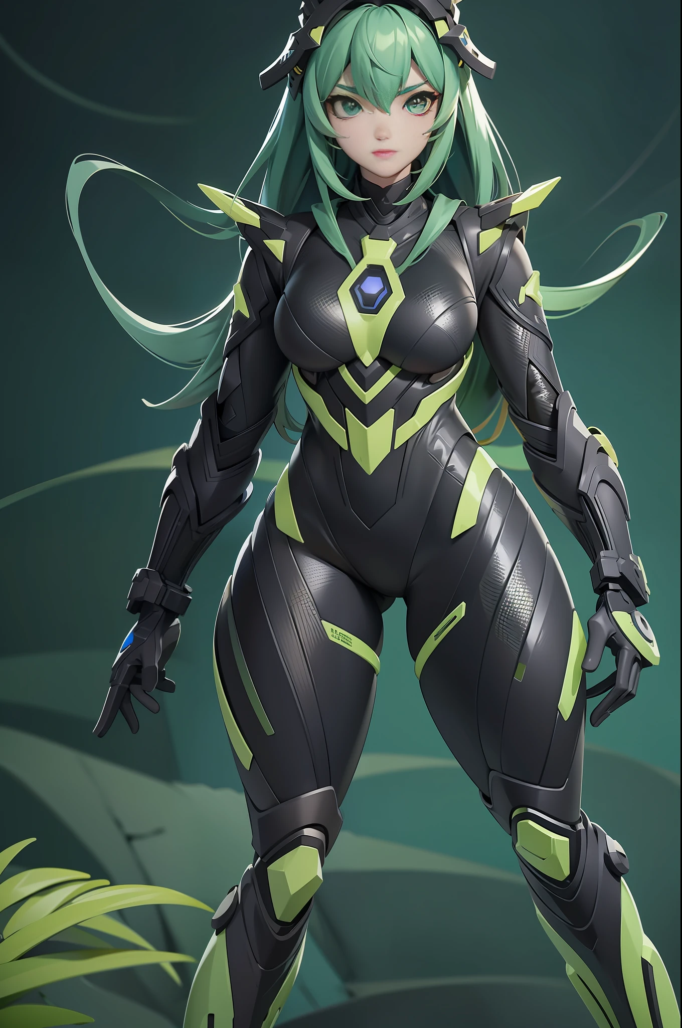 full body picture Unreal Engine 5 8K UHD of beautiful girl, green Japanese style long hair, wearing futuristic black tight battle suit, half face mask, futuristic neck collar, grass green light details, best quality, masterpiece