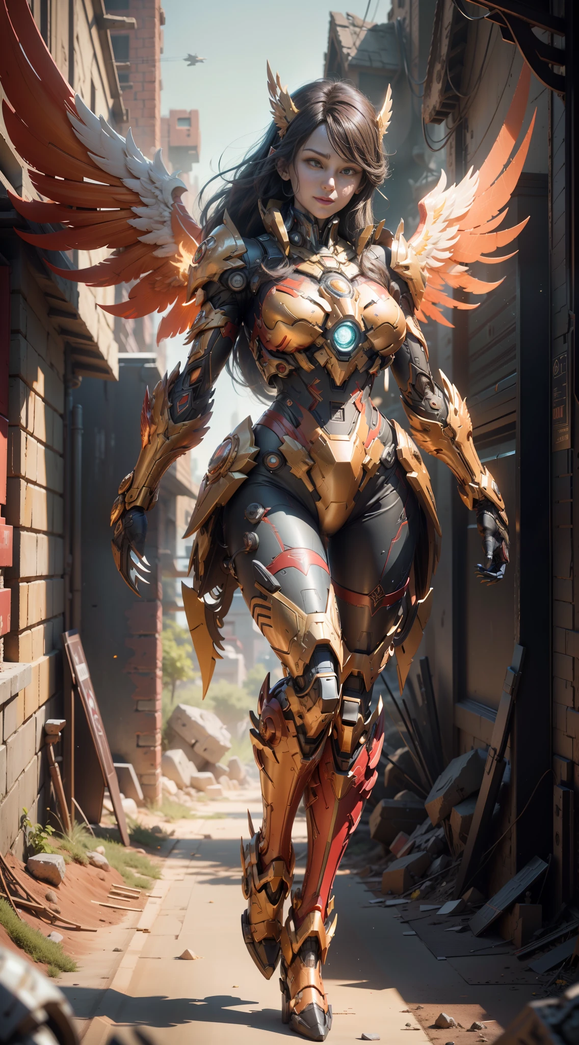 ((Best Quality)), ((Masterpiece)), (Very detailed: 1.3), 3D, Shitu-mecha, Full body, 1 beautiful woman, smiling, long hair, wearing a mech in red color scheme with wings on the back, (mecha with phoenix decoration), (claws on hands and feet), ruins of a city in the forgotten war, ancient technology, HDR (High Dynamic Range), ray tracing, NVIDIA RTX, super resolution, Unreal 5, subsurface scattering, PBR textures, post-processing, Anisotropic Filtering, Depth of Field, Maximum Sharpness and Acutance, Multi-layer Textures, Albedo and Highlight Maps, Surface Shading, Accurate Simulation of Light-Material Interactions, Perfect Proportions, Octane Rendering, Duotone Illumination, Low ISO, White Balance, Rule of Thirds, Wide Aperture, 8K RAW, High Efficiency Subpixels, Subpixel Convolution, Luminescent Particles, Light Scattering, Tyndall Effect