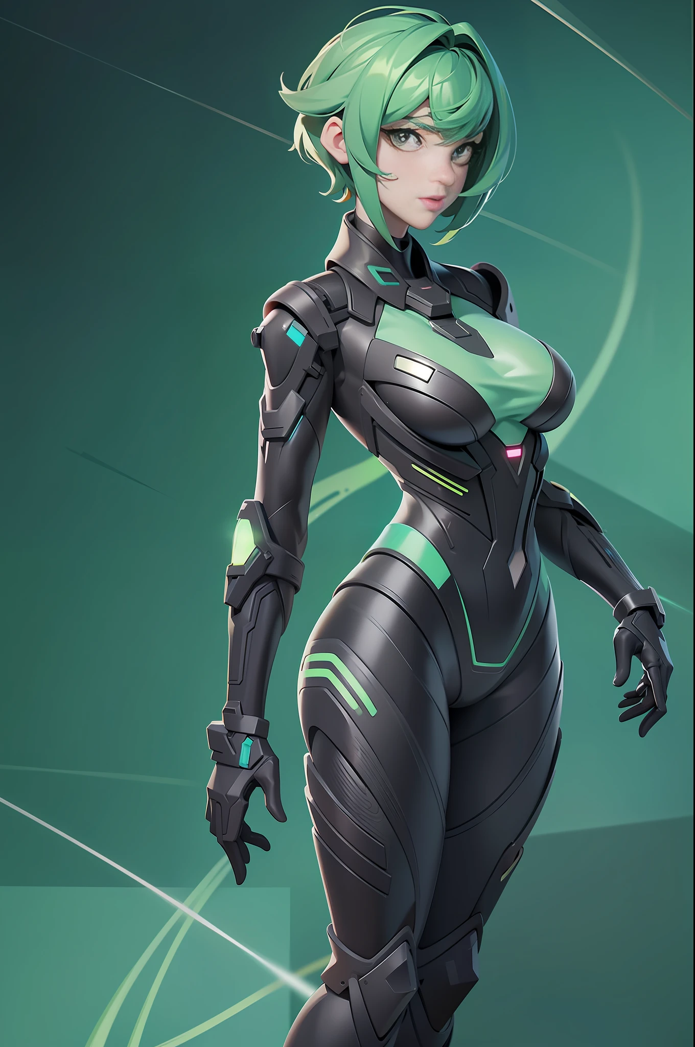 full body picture Unreal Engine 5 8K UHD of beautiful girl, green half face short hair hair, wearing futuristic black tight battle suit, futuristic mask, futuristic neck collar, grass green light details, best quality, masterpiece