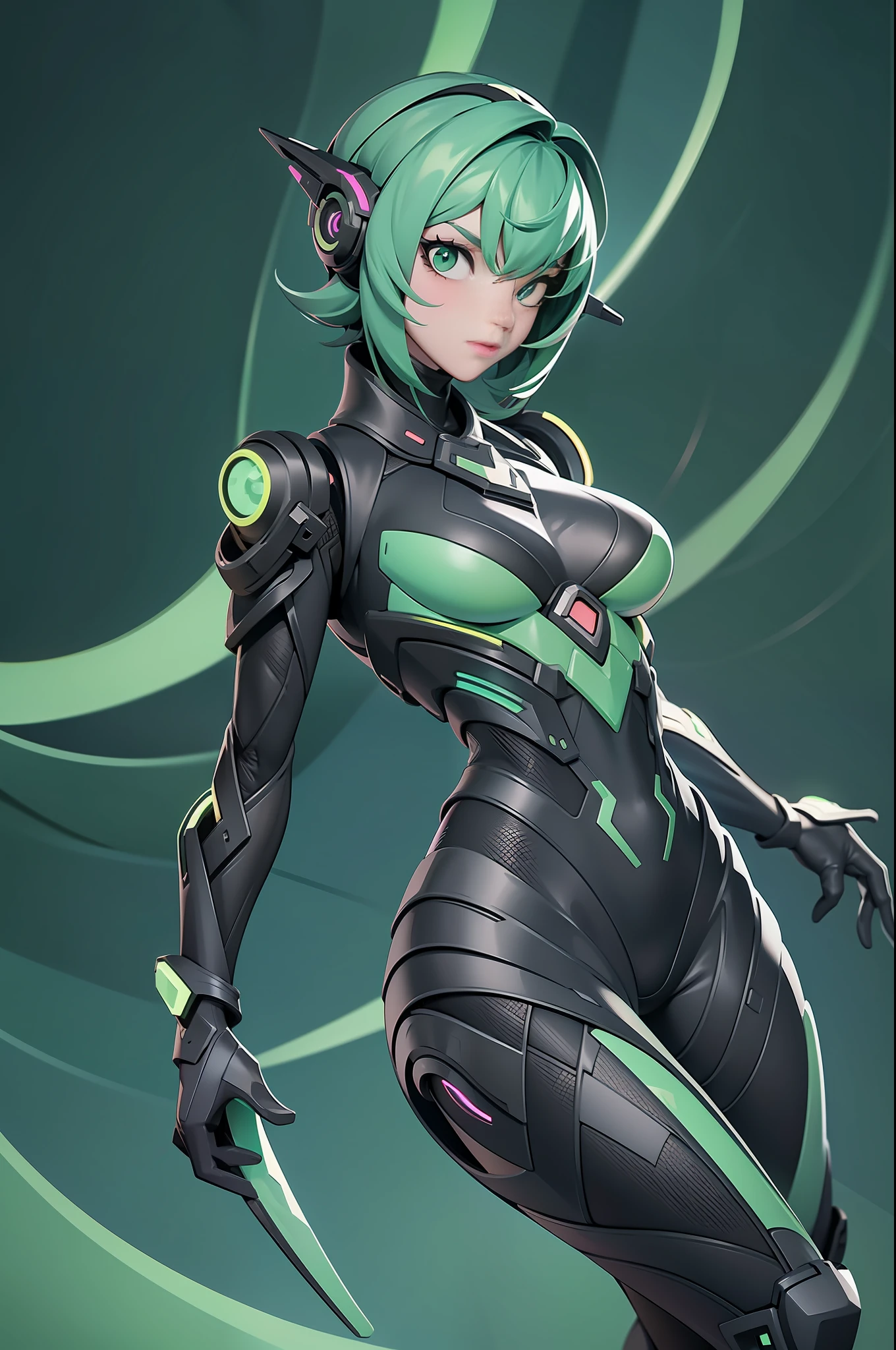 full body picture Unreal Engine 5 8K UHD of beautiful girl, green half face short hair hair, wearing futuristic black tight battle suit, futuristic mask, futuristic neck collar, grass green light details, best quality, masterpiece