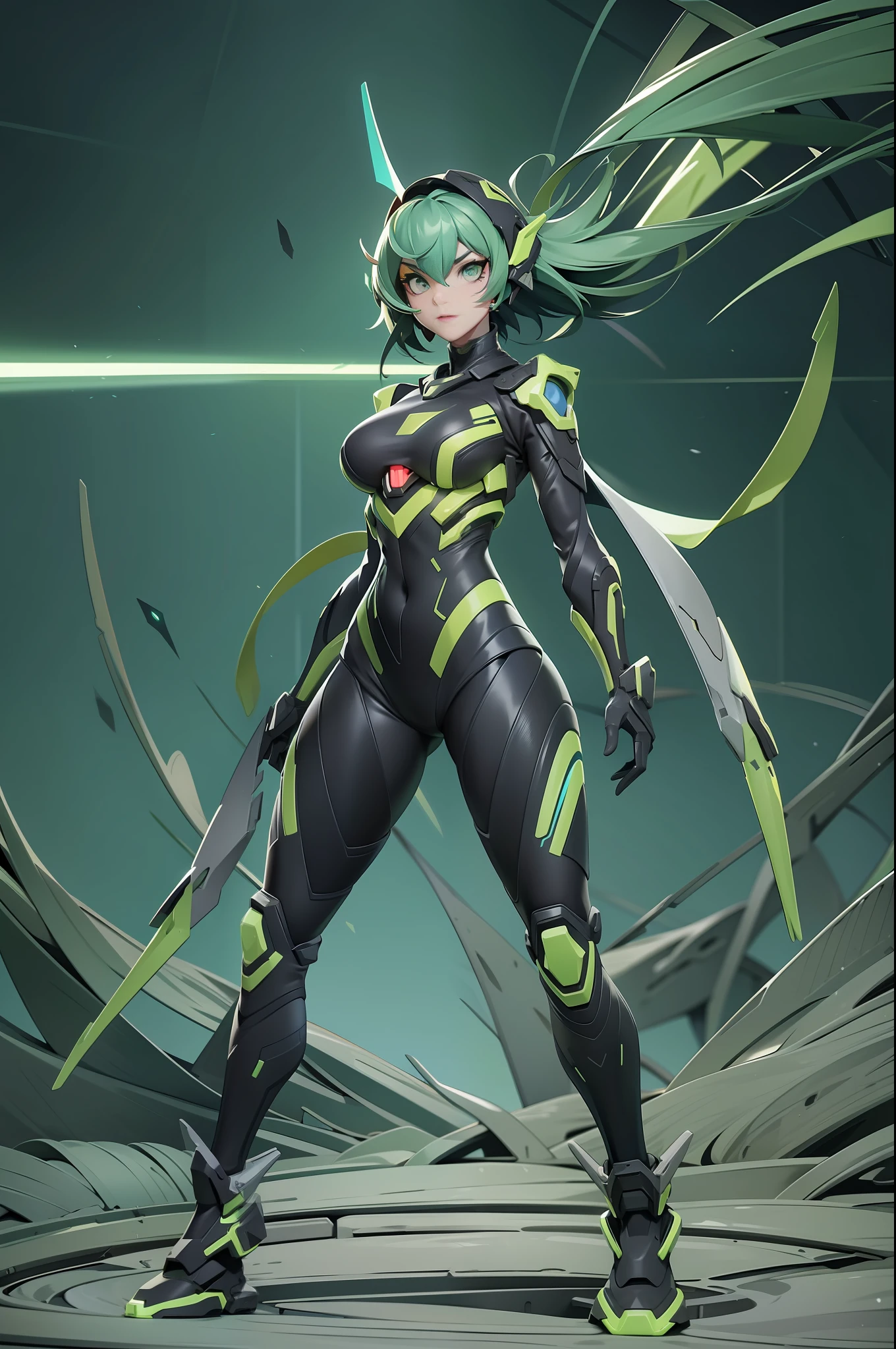 full body picture Unreal Engine 5 8K UHD of beautiful girl, green half face short hair hair, wearing futuristic black tight battle suit, futuristic mask, futuristic neck collar, grass green light details, best quality, masterpiece