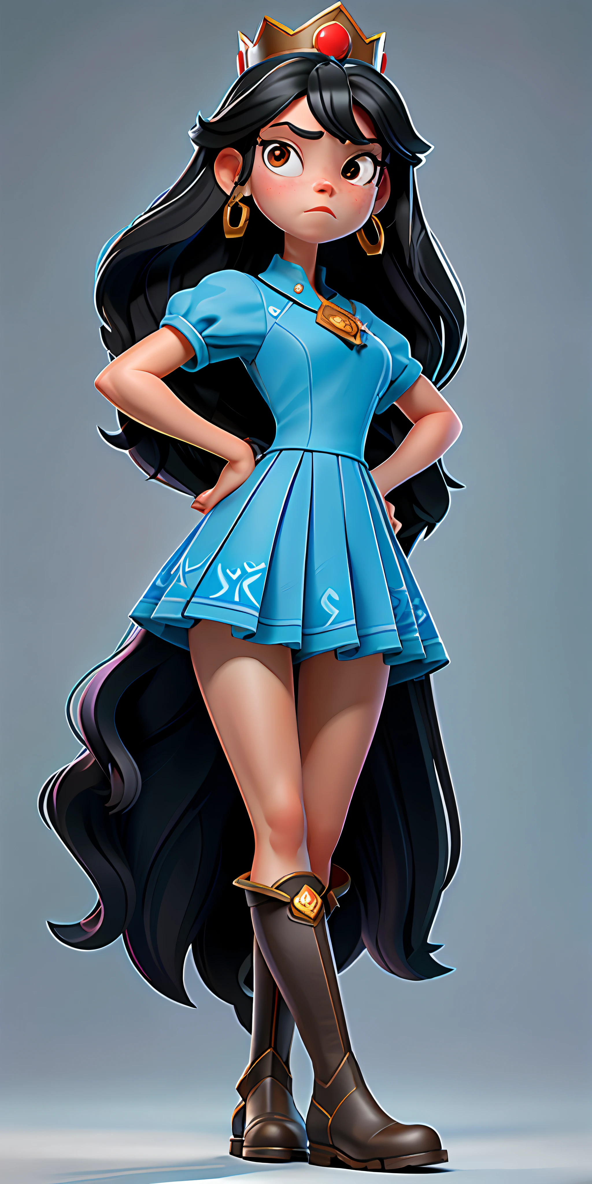 (best quality, masterpiece), 1girl, black long hair, blue dress, red boots, a crown
