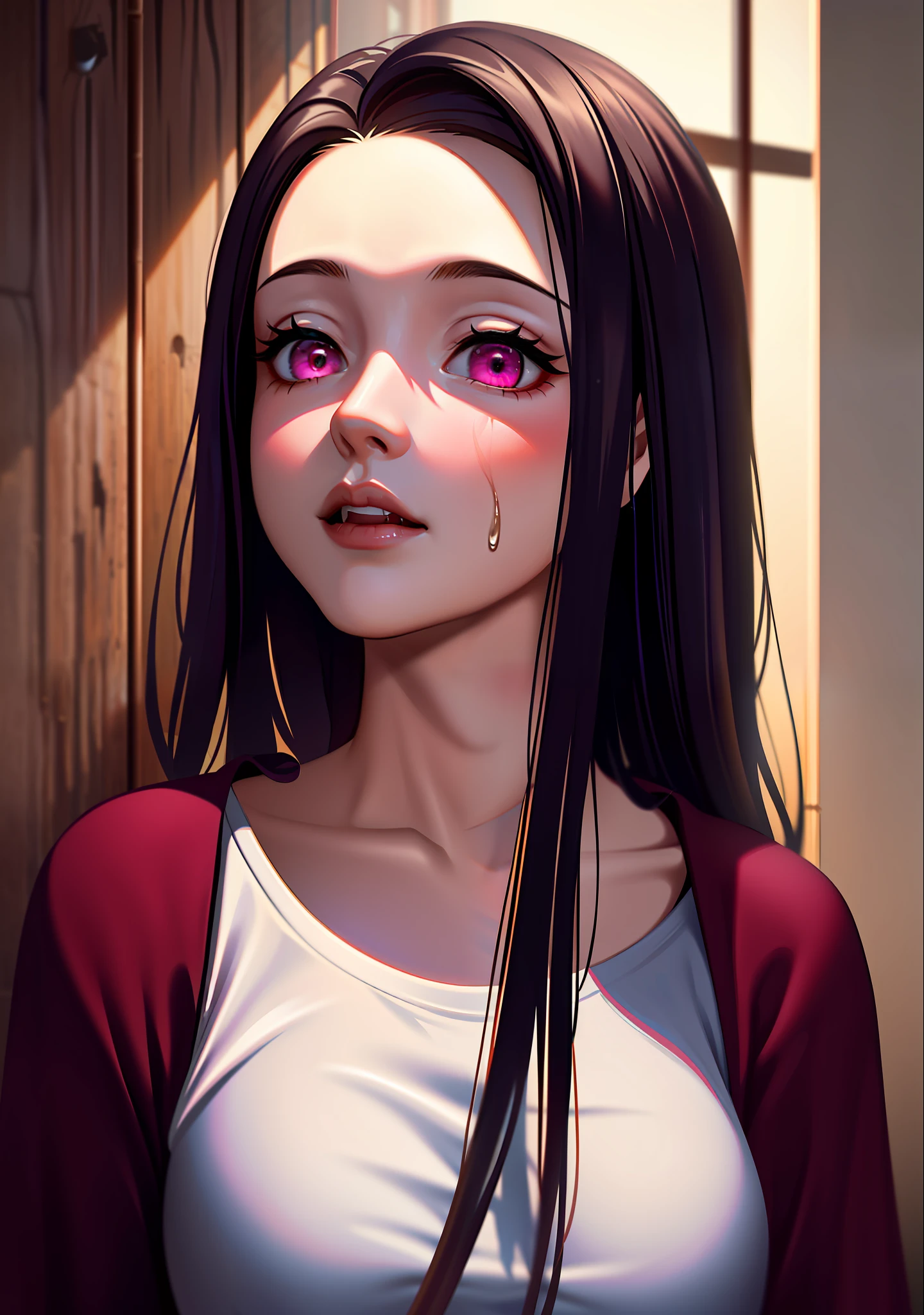 masterpiece, photography, realistic eyes, best quality, gag, gag, bamboo, beautiful lighting, cinematic, 8k, 1girl, facial, cum on face, wet face, liner, vampire, wooden walls, medium tits, kamado nezuko, pink eyes,