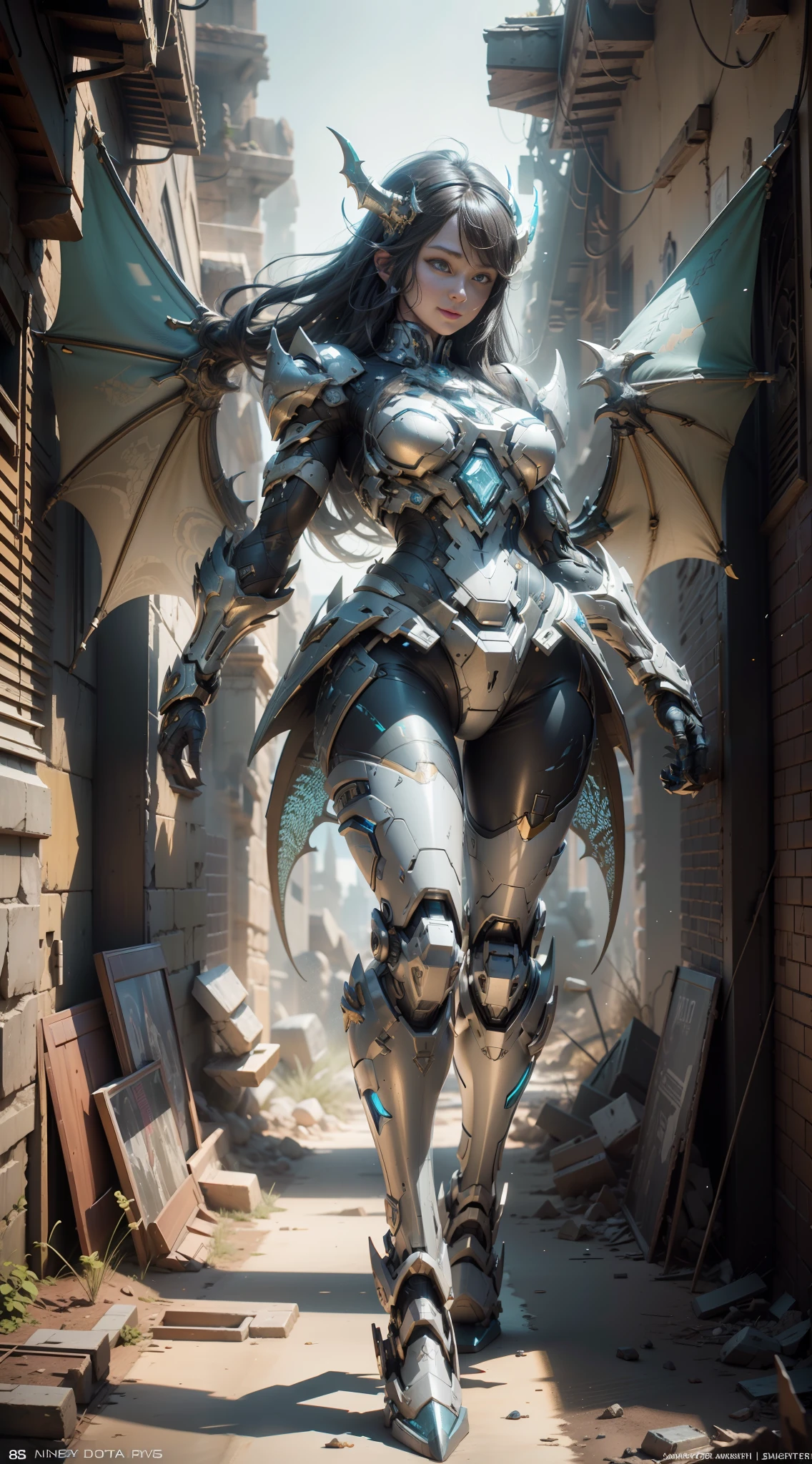 ((Best Quality)), ((Masterpiece)), (Very detailed: 1.3), 3D, Shitu-mecha, Full body, 1 beautiful woman, smiling, long hair, wearing a mech in blue color scheme with dragon horns on the head, (mecha with dragon scales decoration), (claws on hands and feet), ruins of a city in the forgotten war, ancient technology, HDR (high dynamic range), ray tracing, nvidia RTX, super resolution, unreal 5, subsurface scattering, PBR textures, post-processing, Anisotropic Filtering, Depth of Field, Maximum Sharpness and Acutance, Multi-layer Textures, Albedo and Highlight Maps, Surface Shading, Accurate Simulation of Light-Material Interactions, Perfect Proportions, Octane Rendering, Duotone Illumination, Low ISO, White Balance, Rule of Thirds, Wide Aperture, 8K RAW, High Efficiency Subpixels, Subpixel Convolution, Luminescent Particles, Light Scattering, Tyndall Effect
