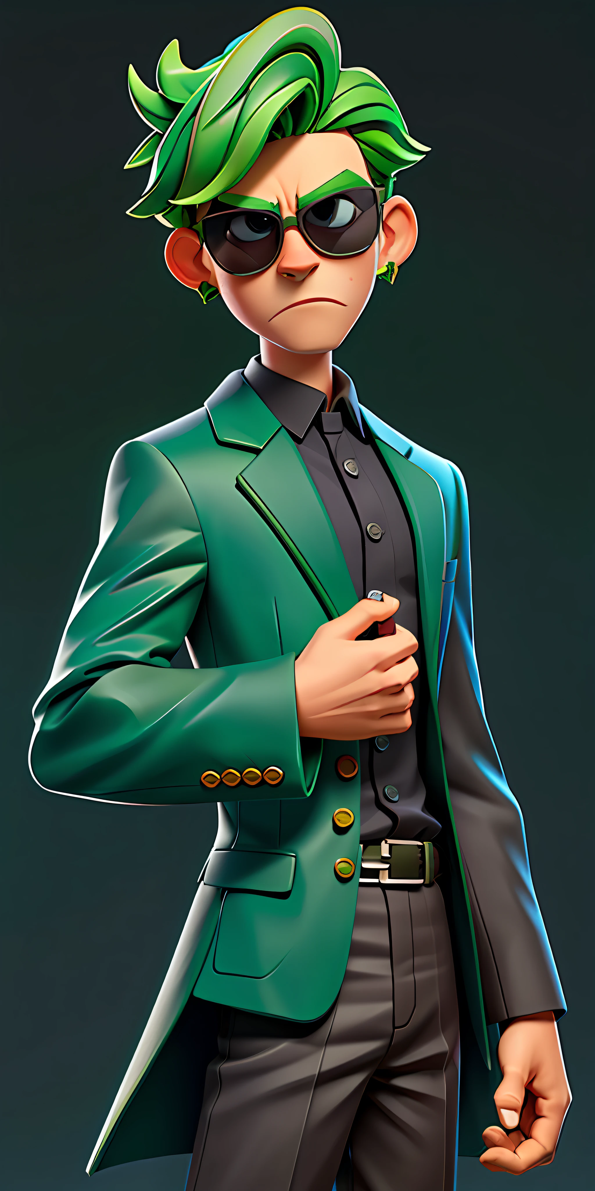 (best quality, masterpiece), 1boy, green hair, dark green and black suit, sunglasses