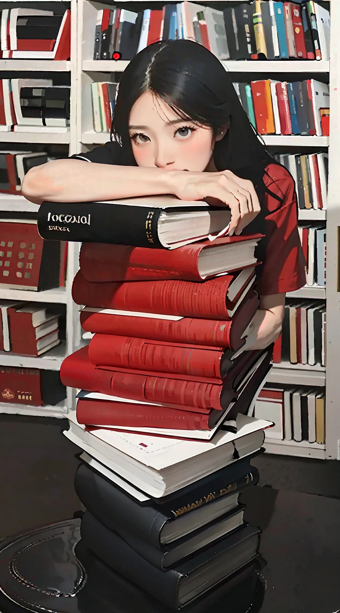 Polaroid black tone low key film, masterpiece, best quality, 1Lady, intelligent reading office lady, red background, Beautiful 5fingers holding a book, Arafi woman leaning against a pile of books in library, red shirt, in library, book portrait, pile of books --auto --s2