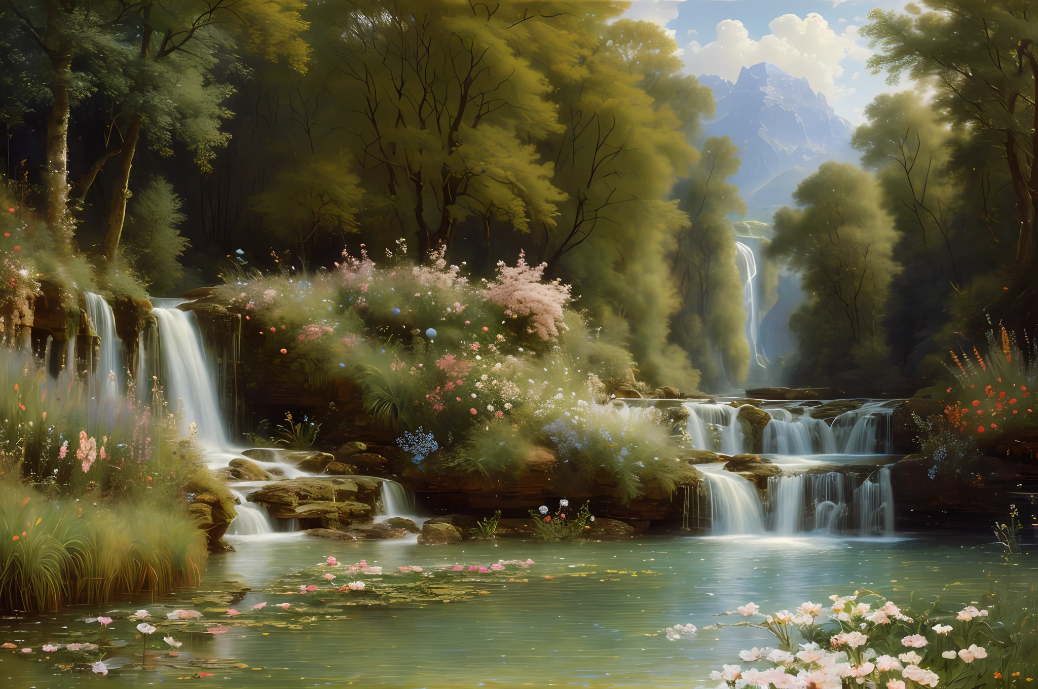 landscape, water, (extremely detailed CG 8k unit wallpaper), world's most beautiful artwork, professional majestic oil painting, complex, high detail, sharp focus, dramatic, photorealistic painting art, alma tadema style, lots of flowers, indigo crystalline streams with lots of water lilies