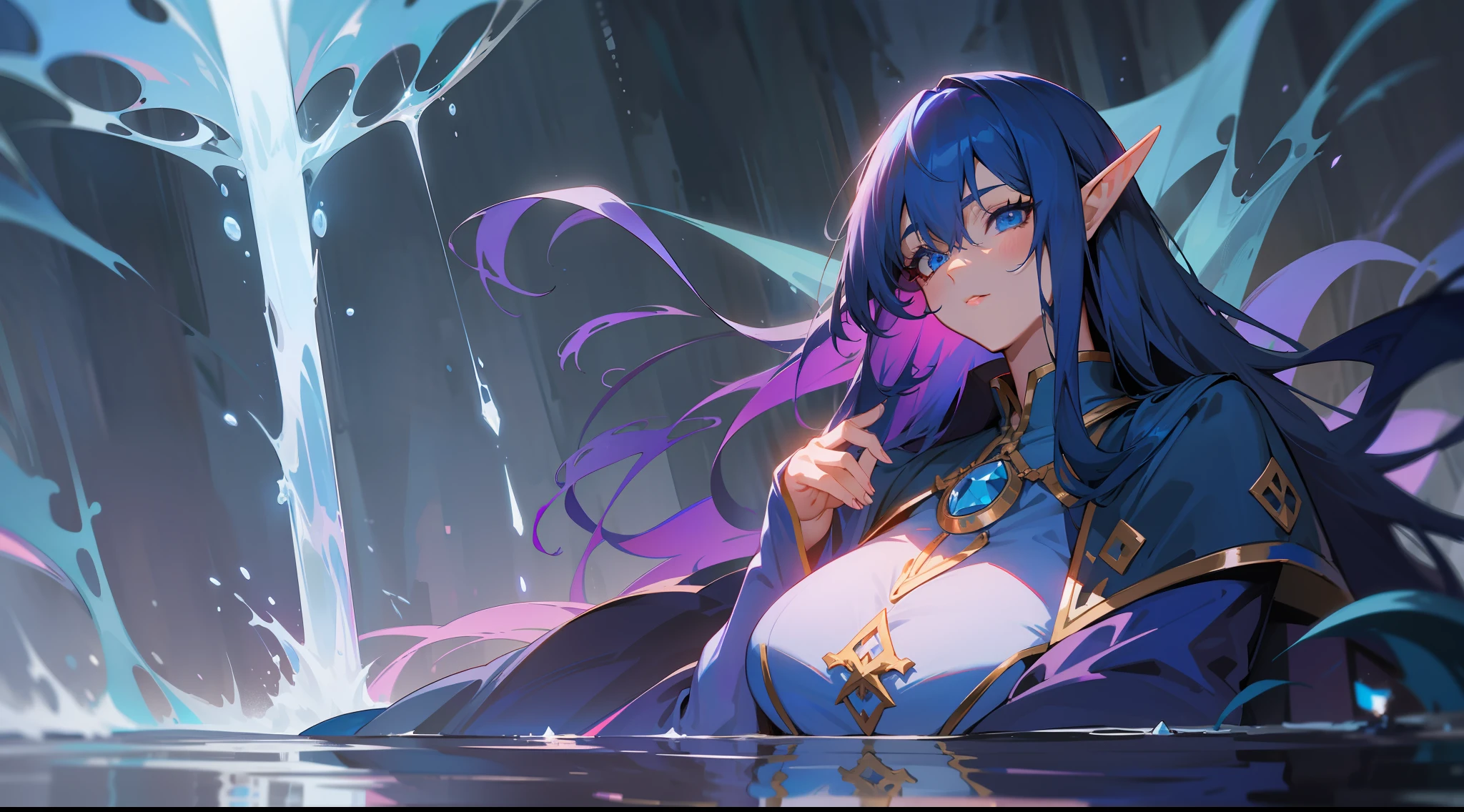 an elf mage, long dark blue hair, bangs covering one eye, large breasts, exposed thighs, hair between eyes, heroic posture, blue eyes, full body, dark blue and purple robe, confident, fantasy, medieval, water magic, night, lens reflection