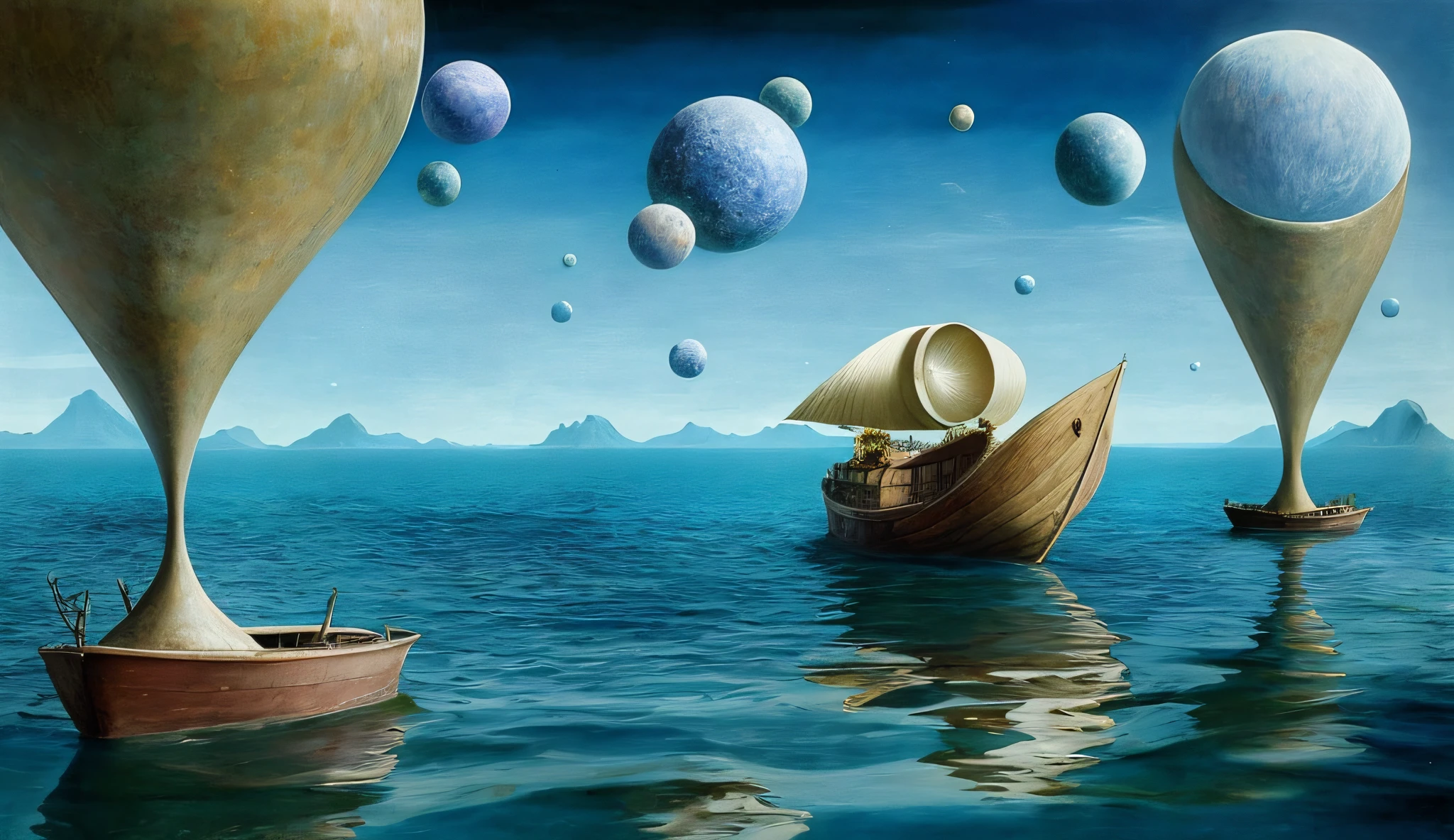 there is a painting of a boat in the water with a planet in the background, surreal art, surreal scene, neosurrealism. digital art, surrealist landscape, surrealism art, surrealist art, inspired by Peter Blume, inspired by Vladimir Kush, surreal digital art, surrealistic digital artwork, inspired by Aleksander Gierymski, surrealist artwork